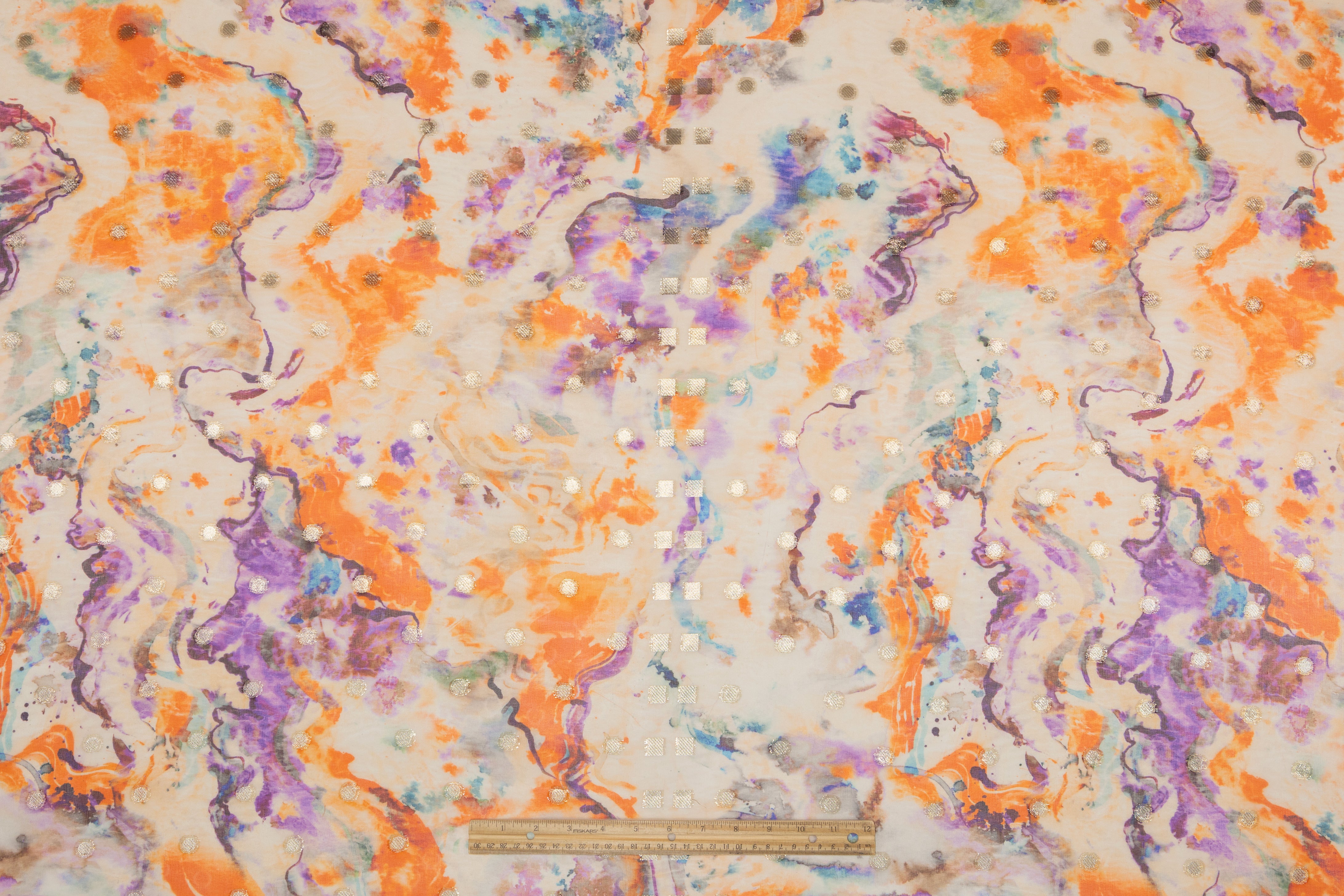 Abstract Metallic Italian Silk Organza Fil Coupé - Orange / Violet / Aqua
