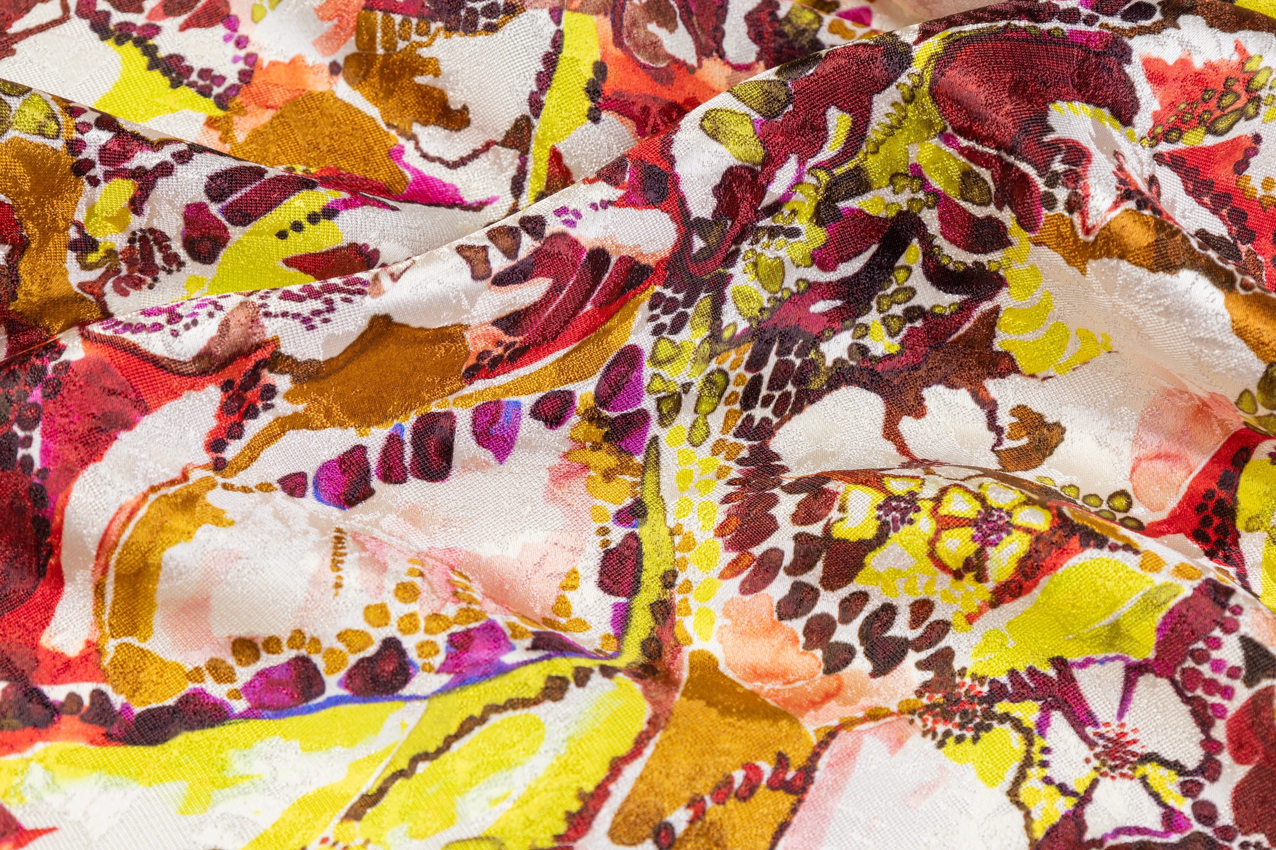 Abstract Printed Italian Silk Jacquard - Brown / Burgundy / Yellow