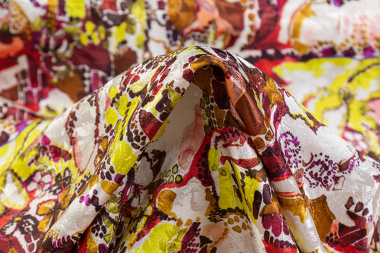 Abstract Printed Italian Silk Jacquard - Brown / Burgundy / Yellow