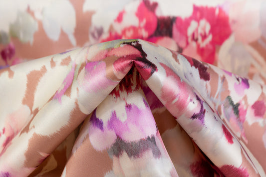 Luigi Verga - Floral Italian Silk Wool Blend Satin - Blush / Violet