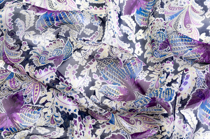 Paisley Floral Metallic Italian Silk Chiffon Fil Coupé - Navy / Purple