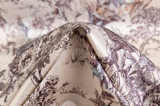 Luigi Verga - Floral Italian Silk Viscose Crepe Back Satin - Taupe