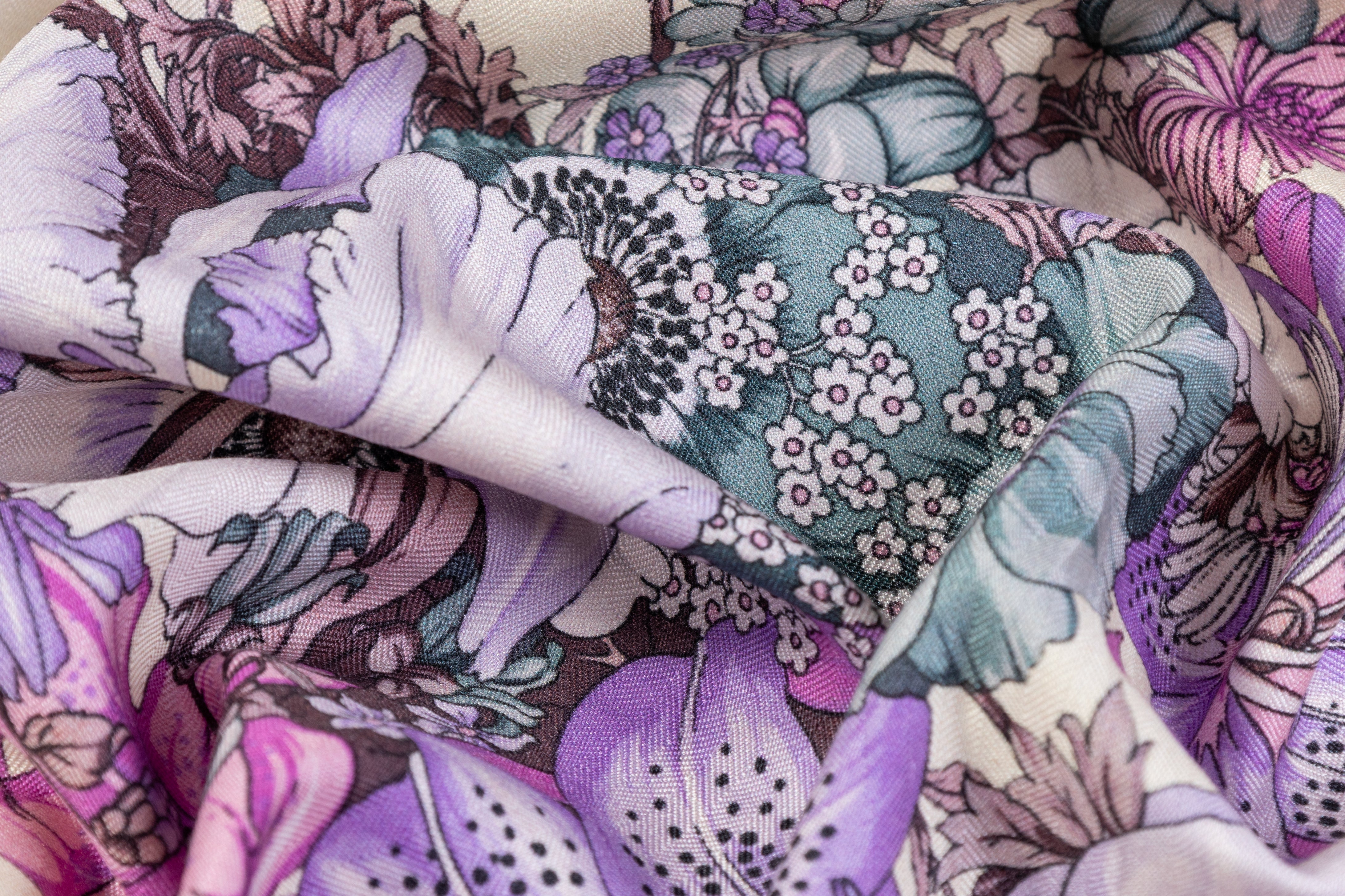 Emanuel Ungaro - Floral Italian Silk and Wool Print - Cream / Lavender