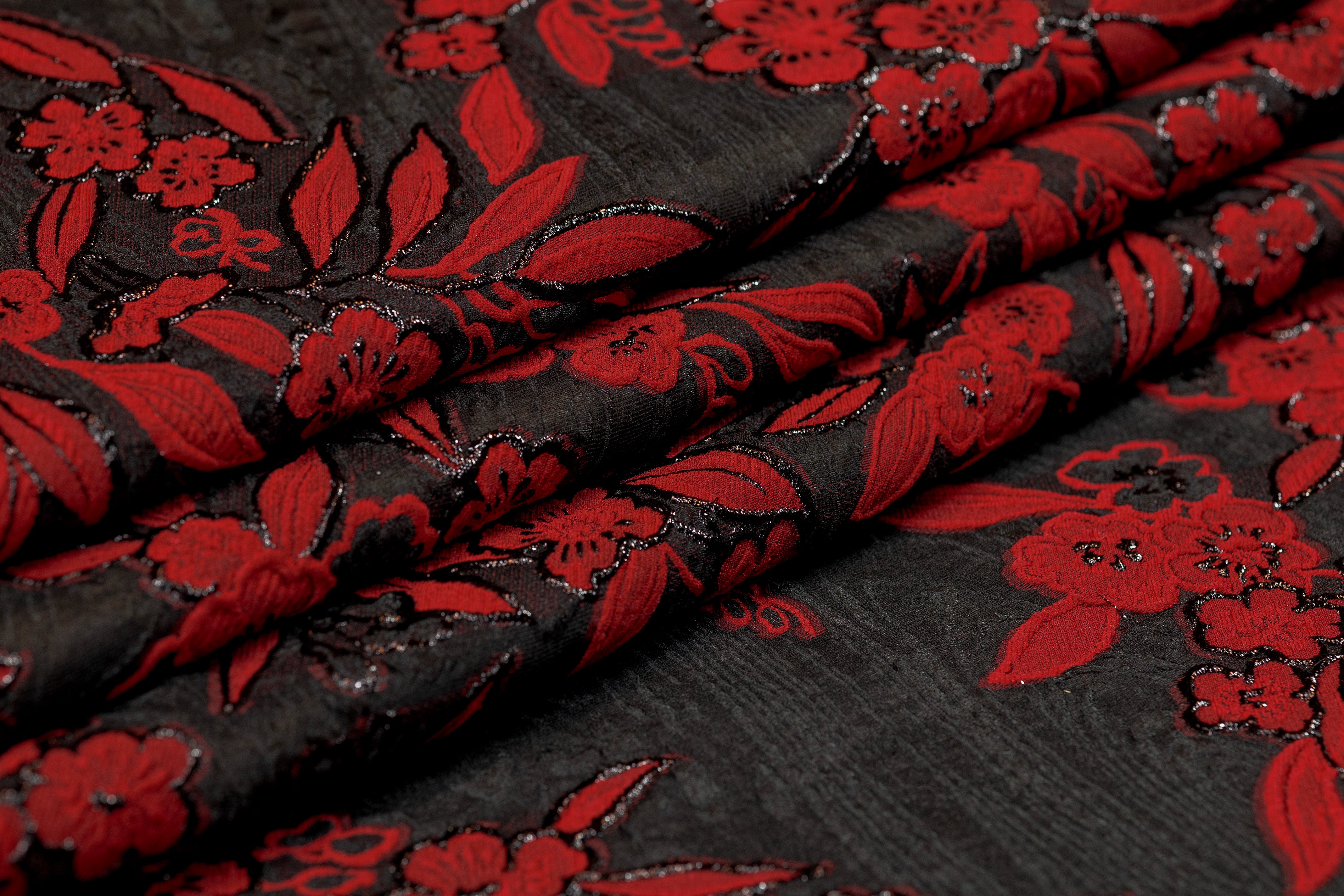 Floral Metallic Italian Silk Blend Organza Brocade - Black / Red