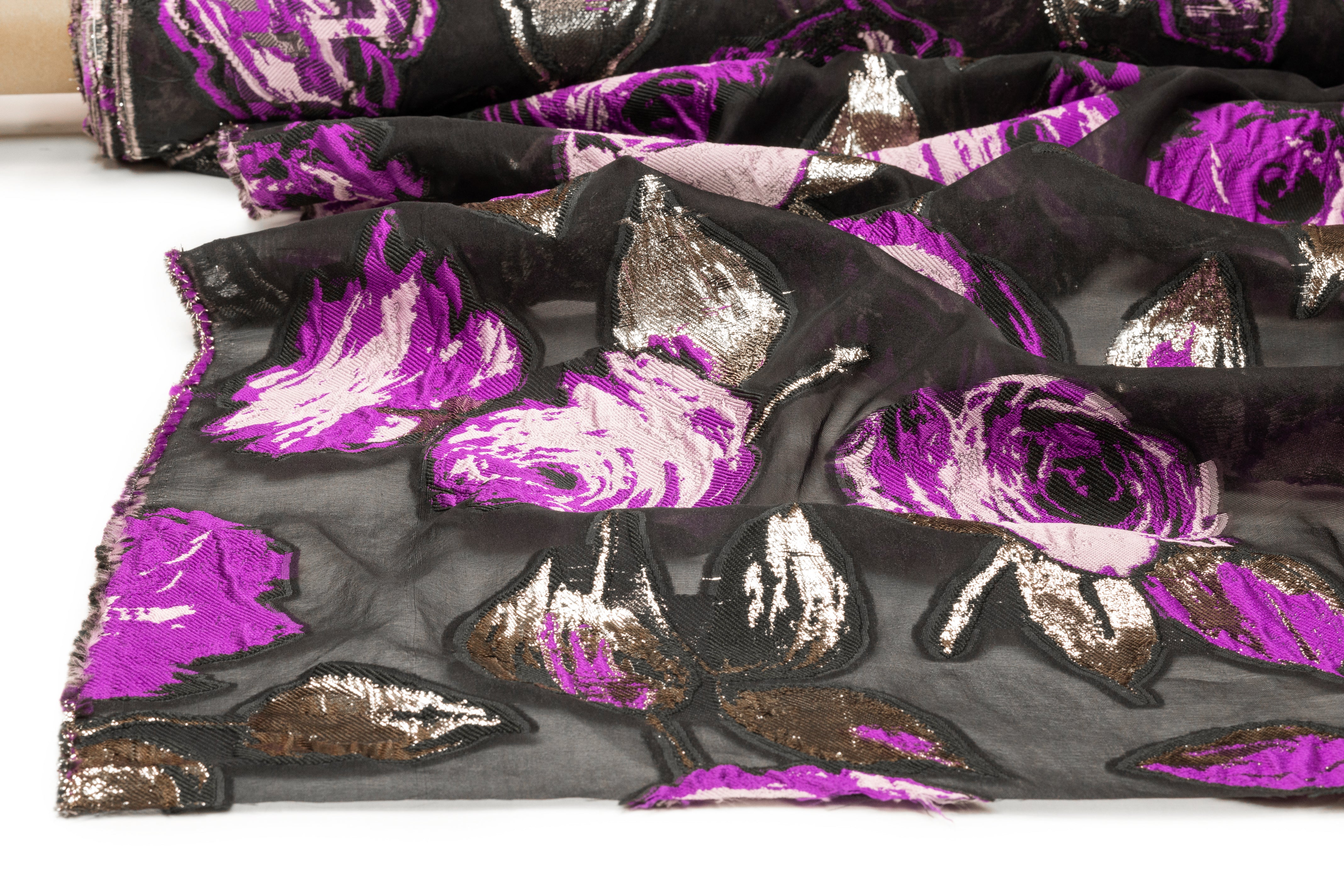 Floral Italian Silk Blend Fil Coupé - Black / Purple / Platinum