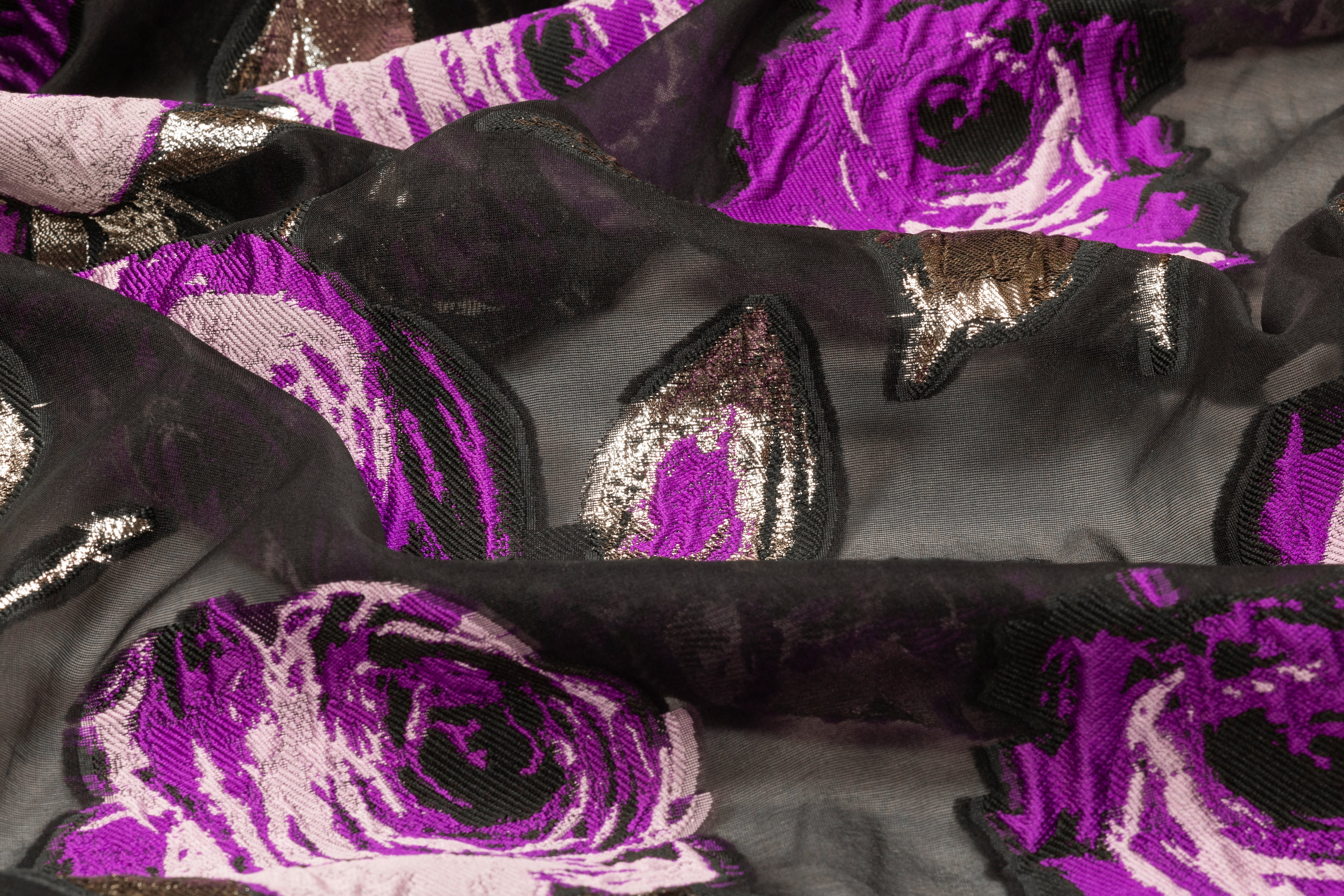 Floral Italian Silk Blend Fil Coupé - Black / Purple / Platinum