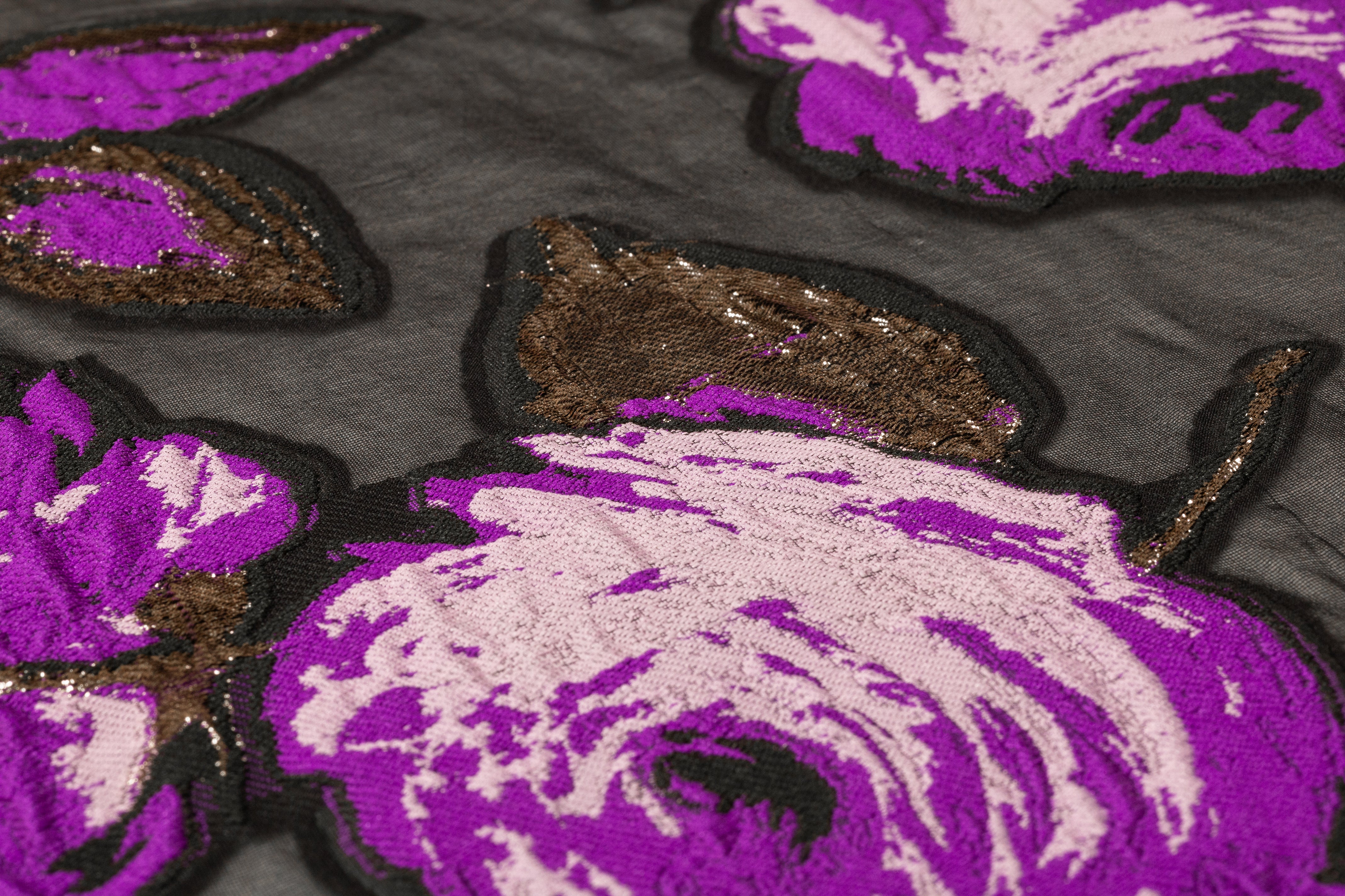 Floral Italian Silk Blend Fil Coupé - Black / Purple / Platinum