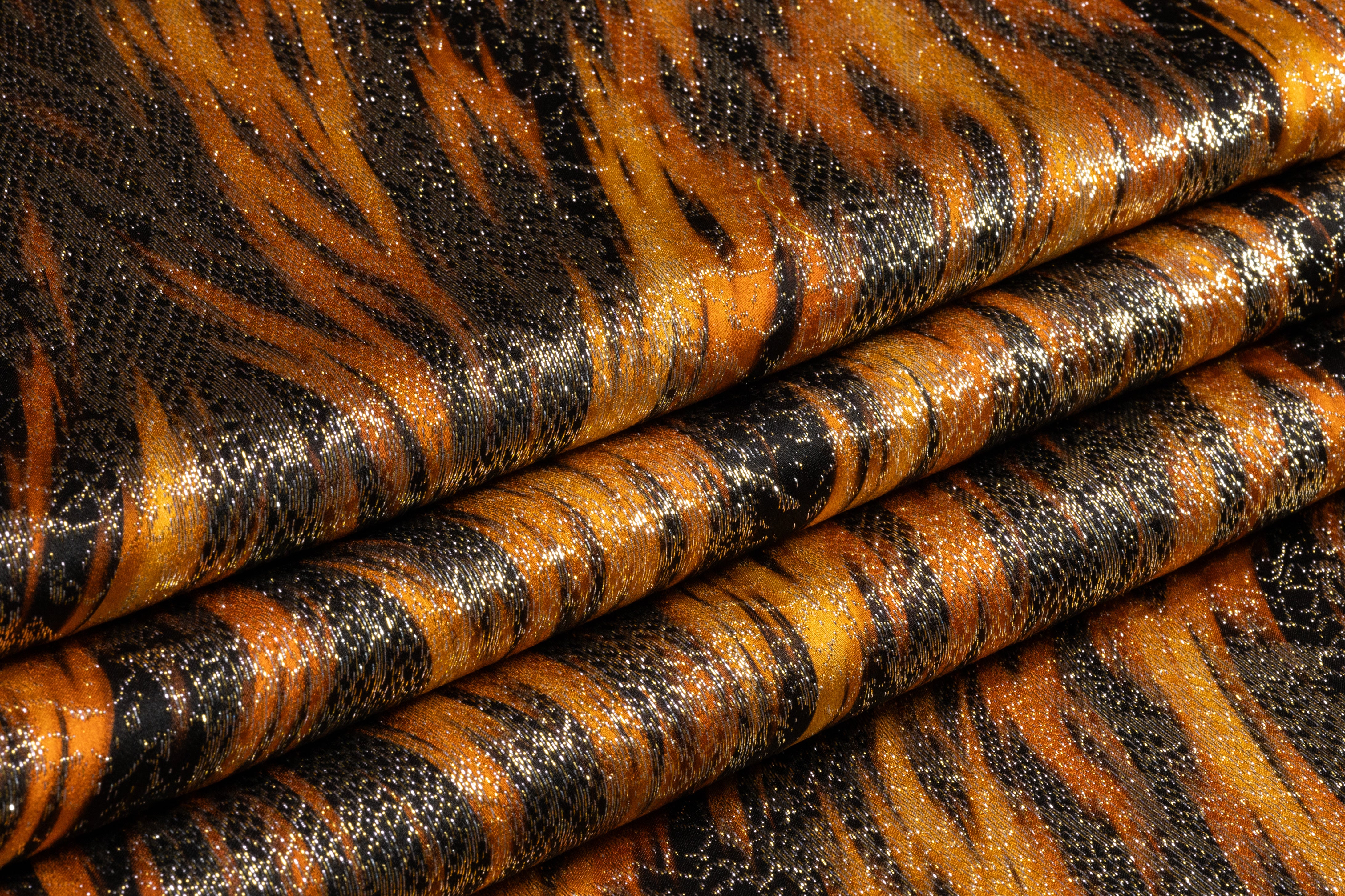Italian Silk Jacquard Lamé - Burnt Orange / Gold / Black