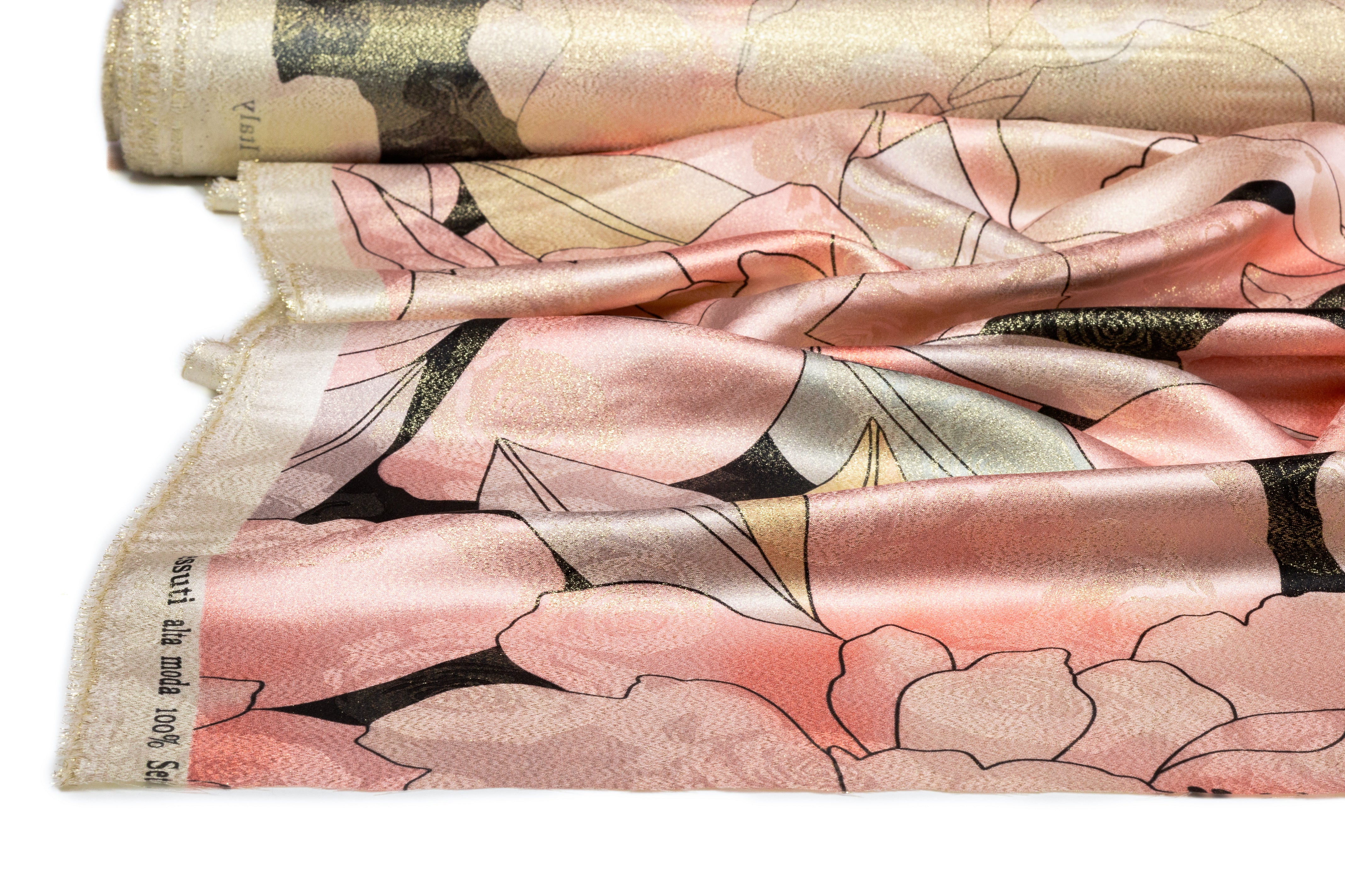 Floral Italian Silk Jacquard Lamé - Blush / Gold / Green