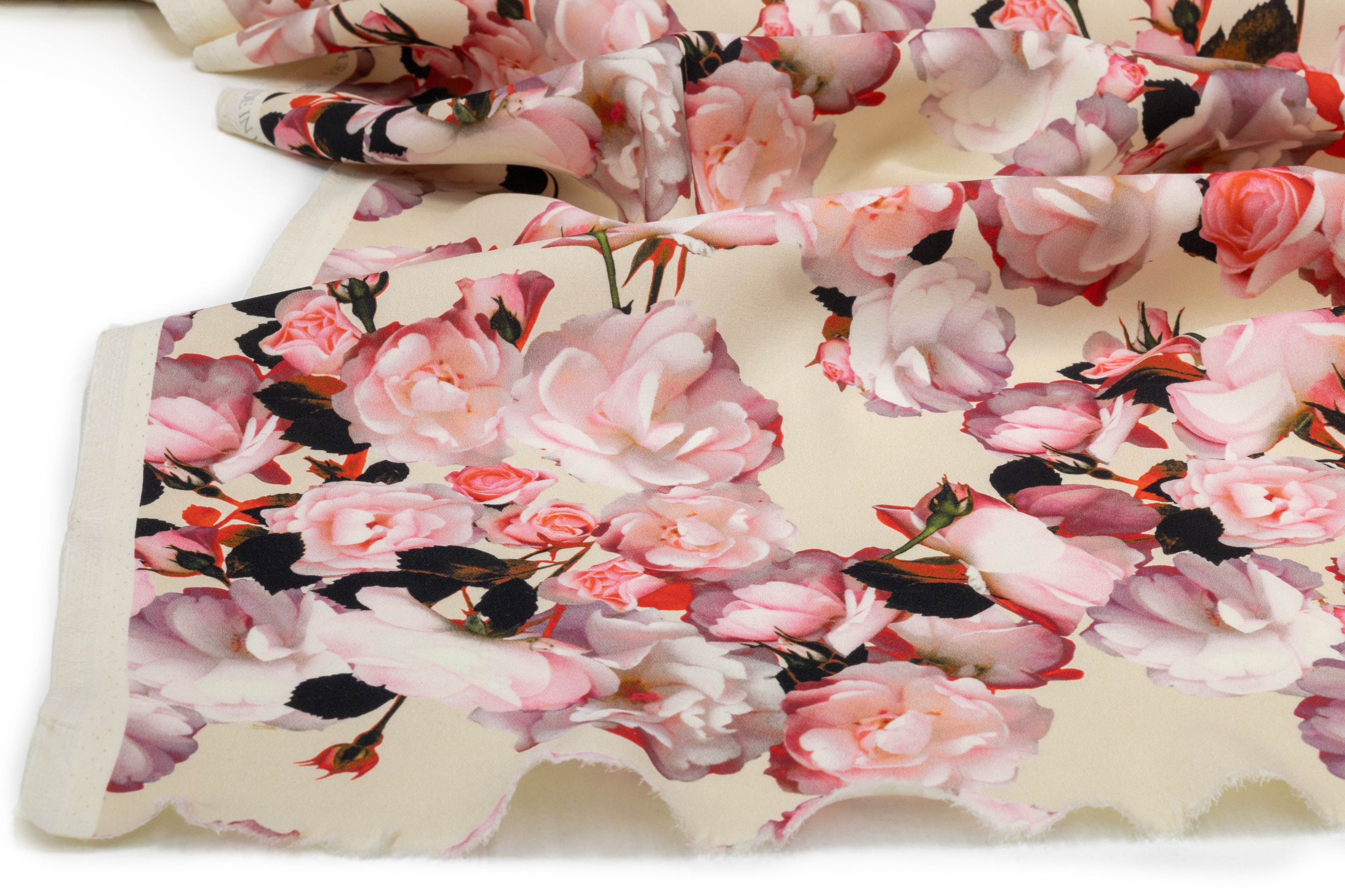 Floral Italian 4 Ply Silk Crepe - Ivory / Pink / Red