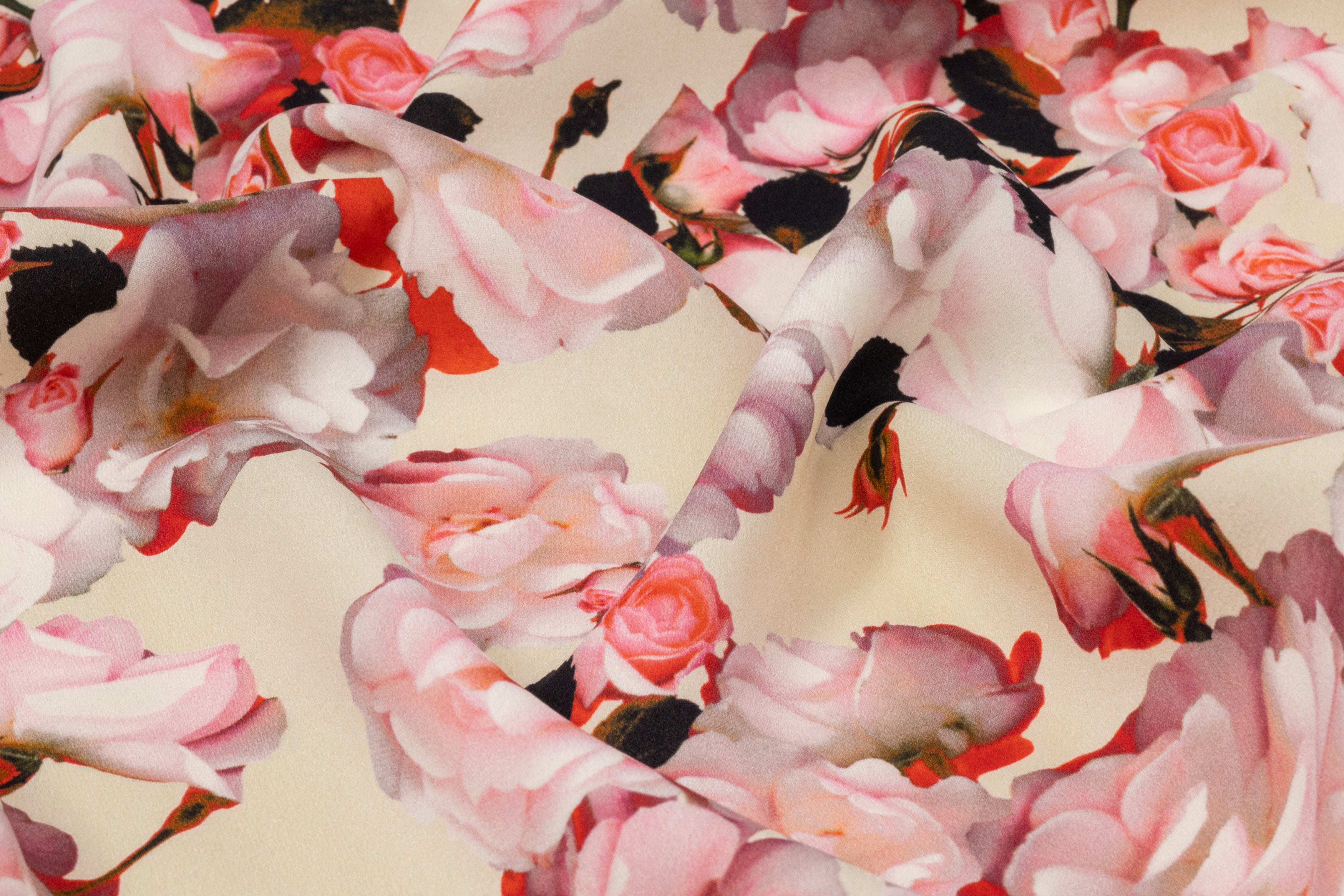 Floral Italian 4 Ply Silk Crepe - Ivory / Pink / Red