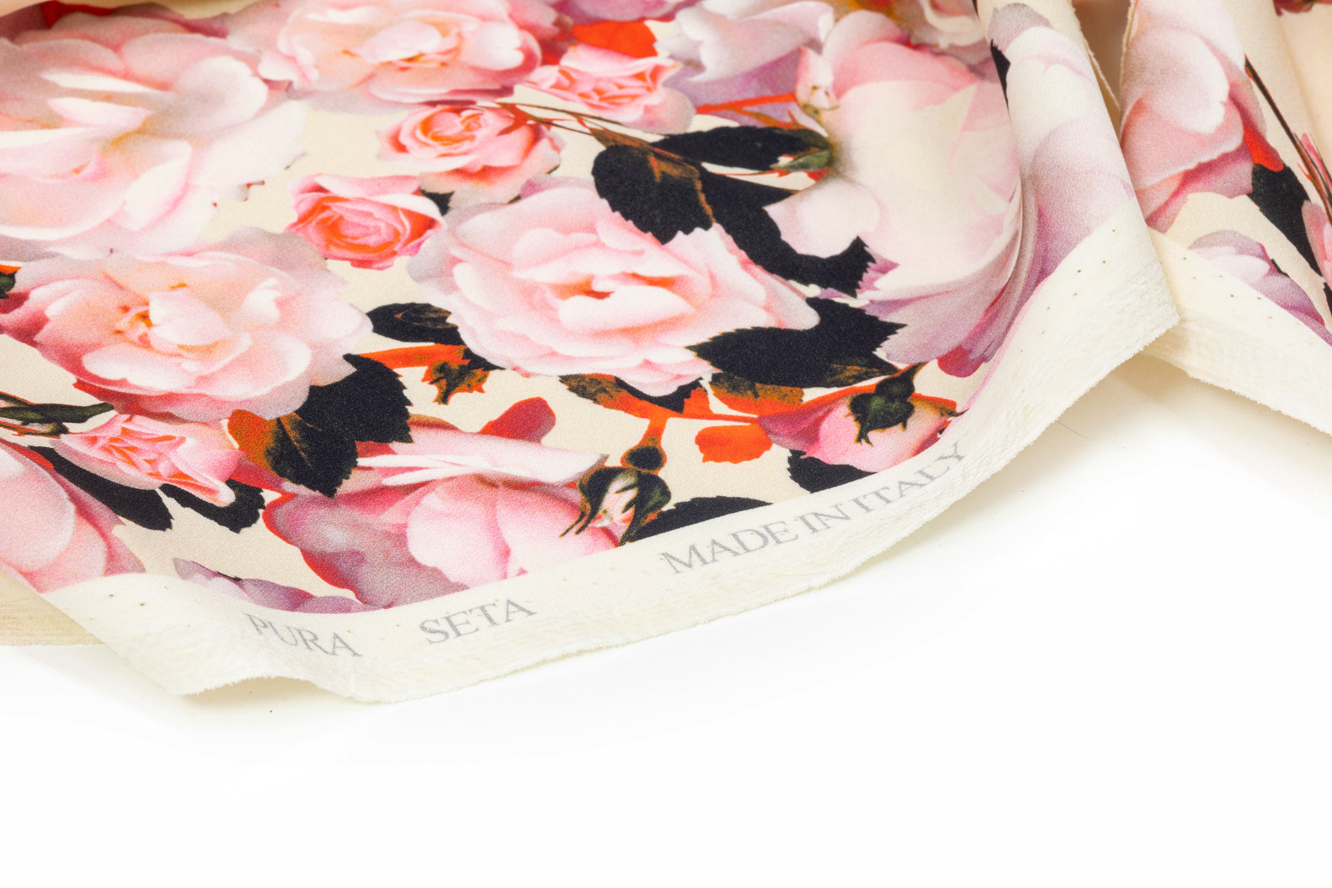 Floral Italian 4 Ply Silk Crepe - Ivory / Pink / Red