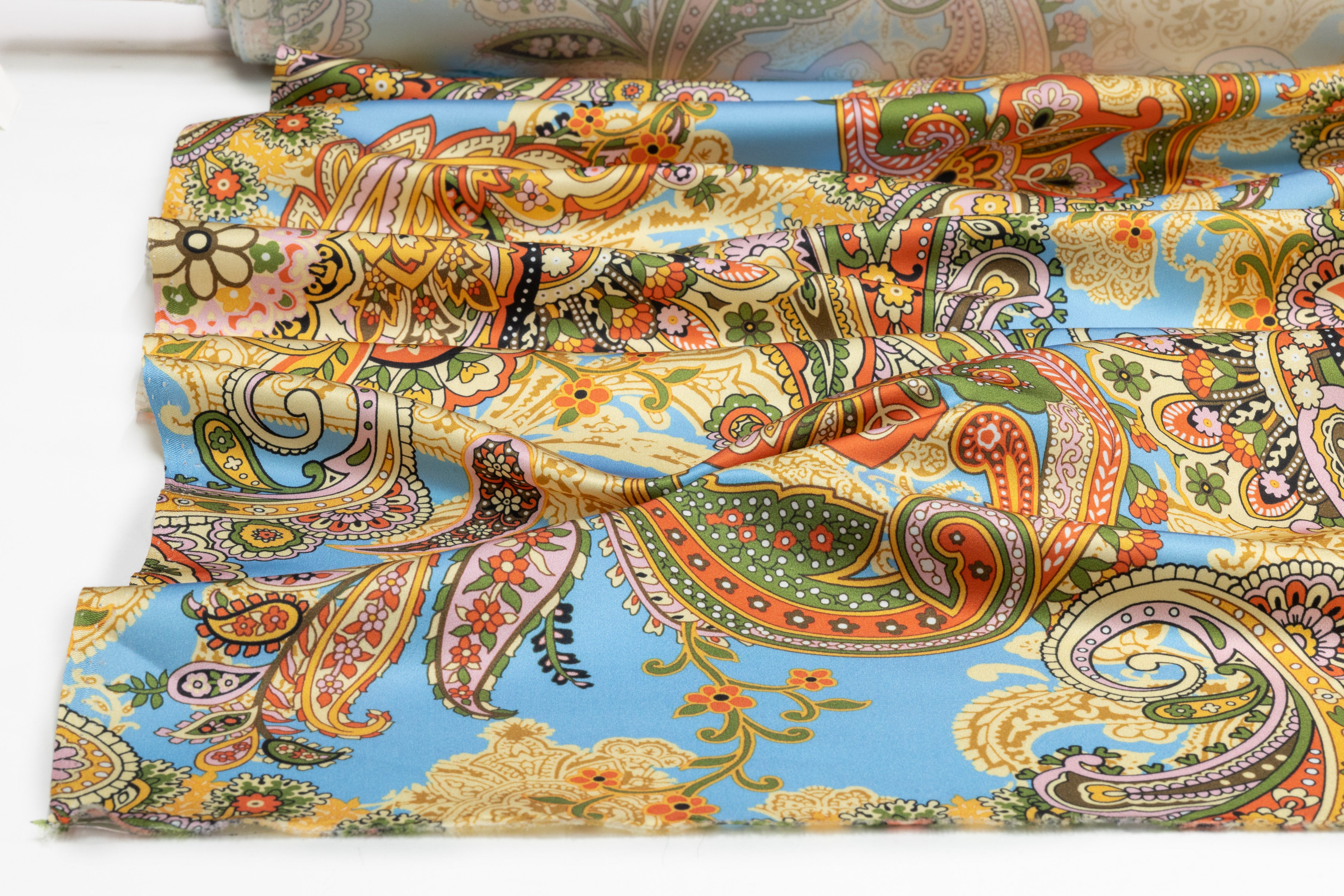 Paisley Italian Silk Satin - Blue / Gold