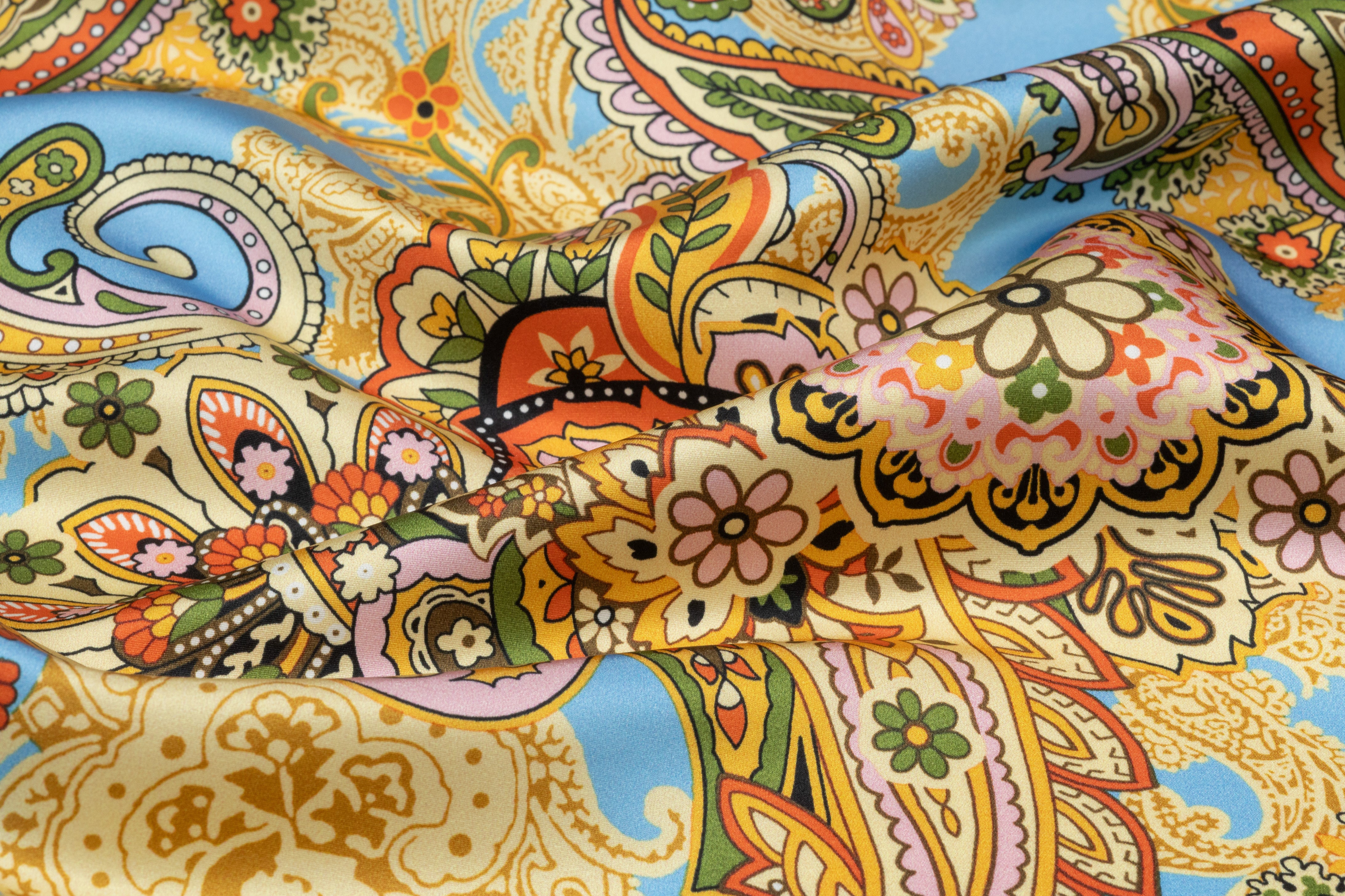 Paisley Italian Silk Satin - Blue / Gold