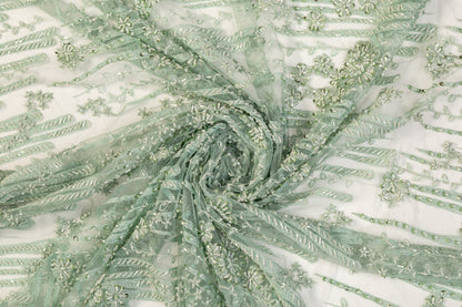Floral Beaded and Embroidered Tulle - Mint Green