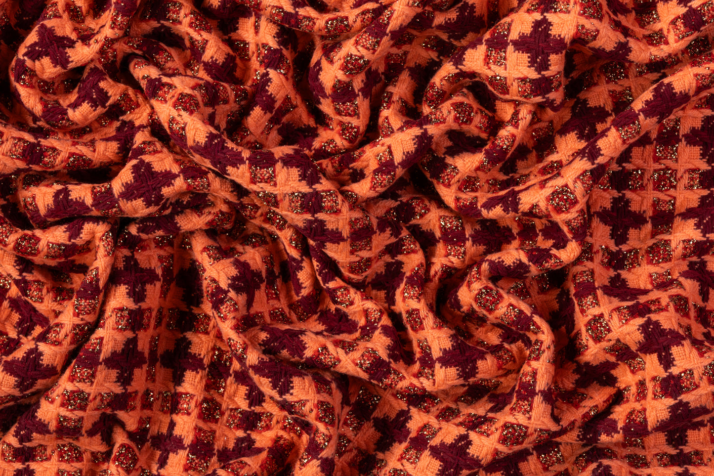 Metallic Italian Wool Blend Tweed - Peach / Burgundy