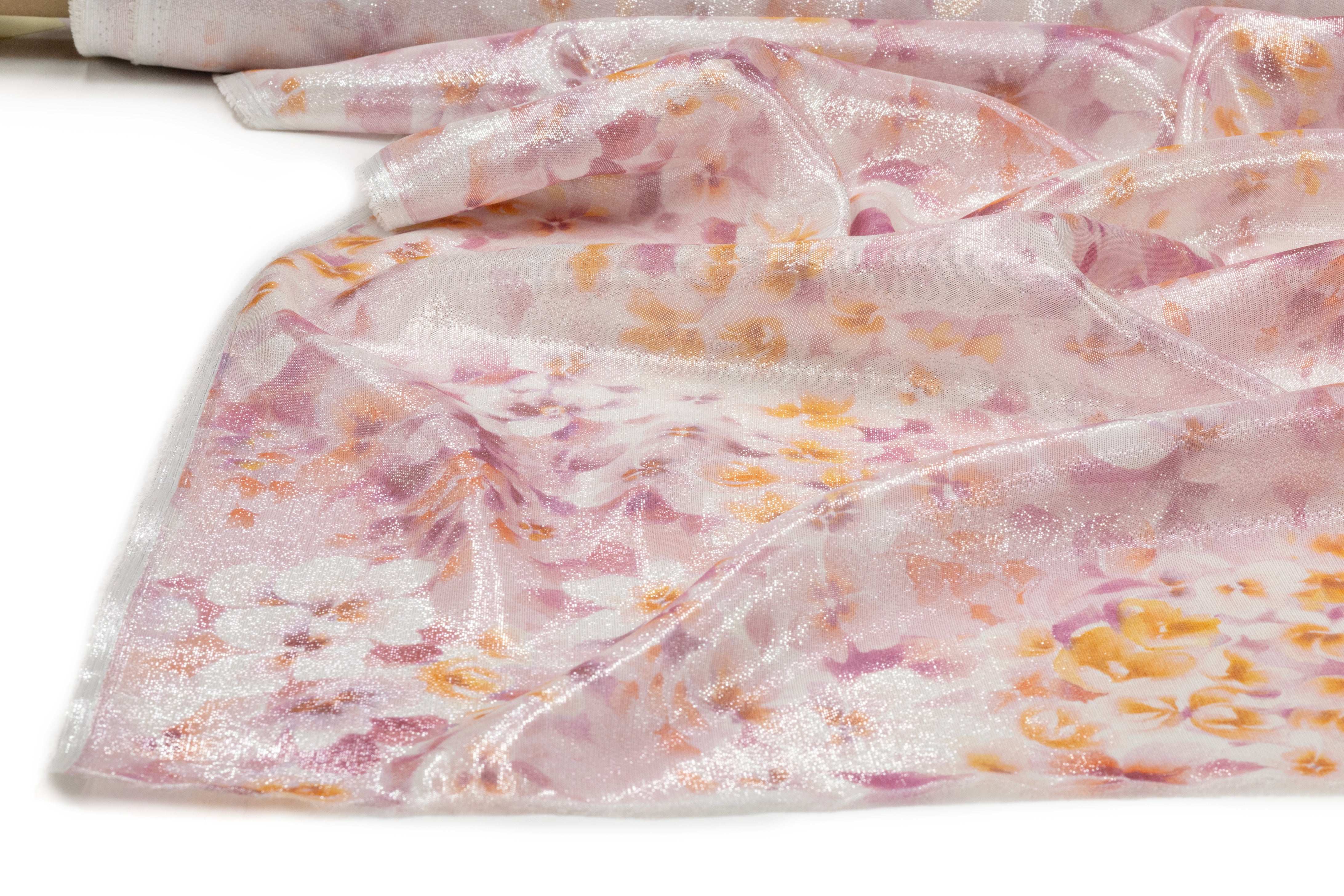 Floral Metallic Silk Chiffon Lamé - Blush / Orange