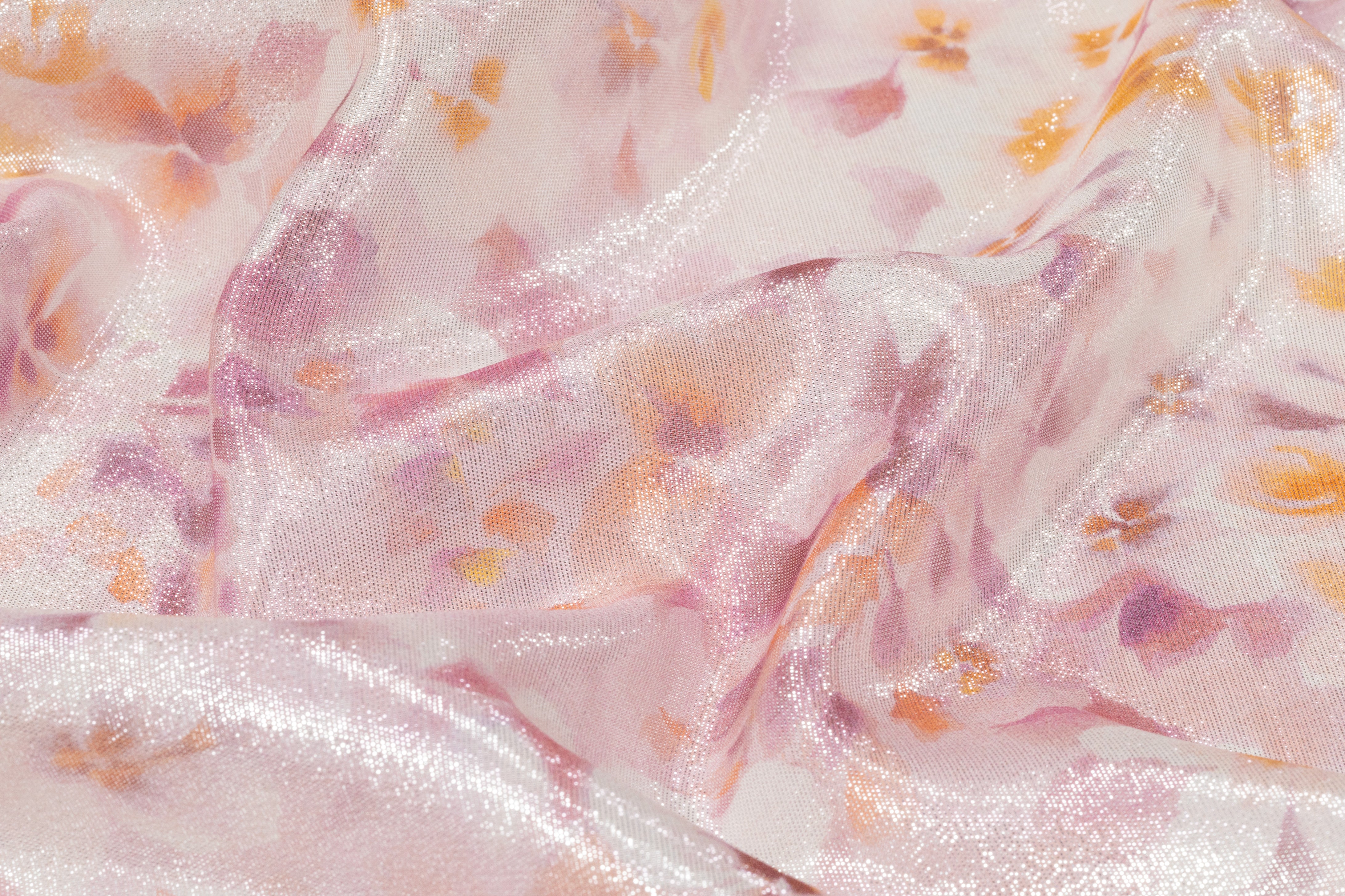 Floral Metallic Silk Chiffon Lamé - Blush / Orange