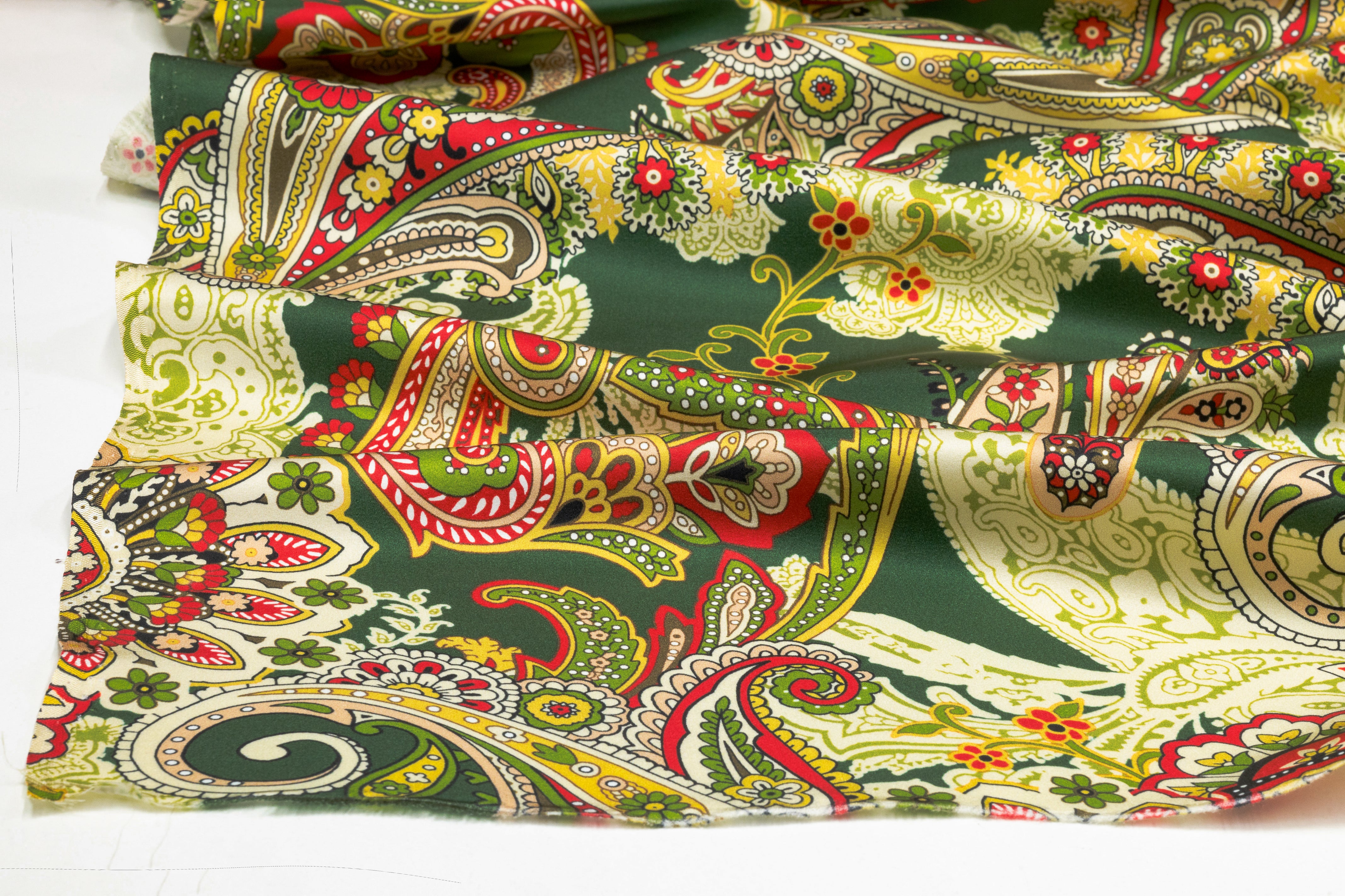 Paisley Italian Silk Satin - Green / Gold / Red