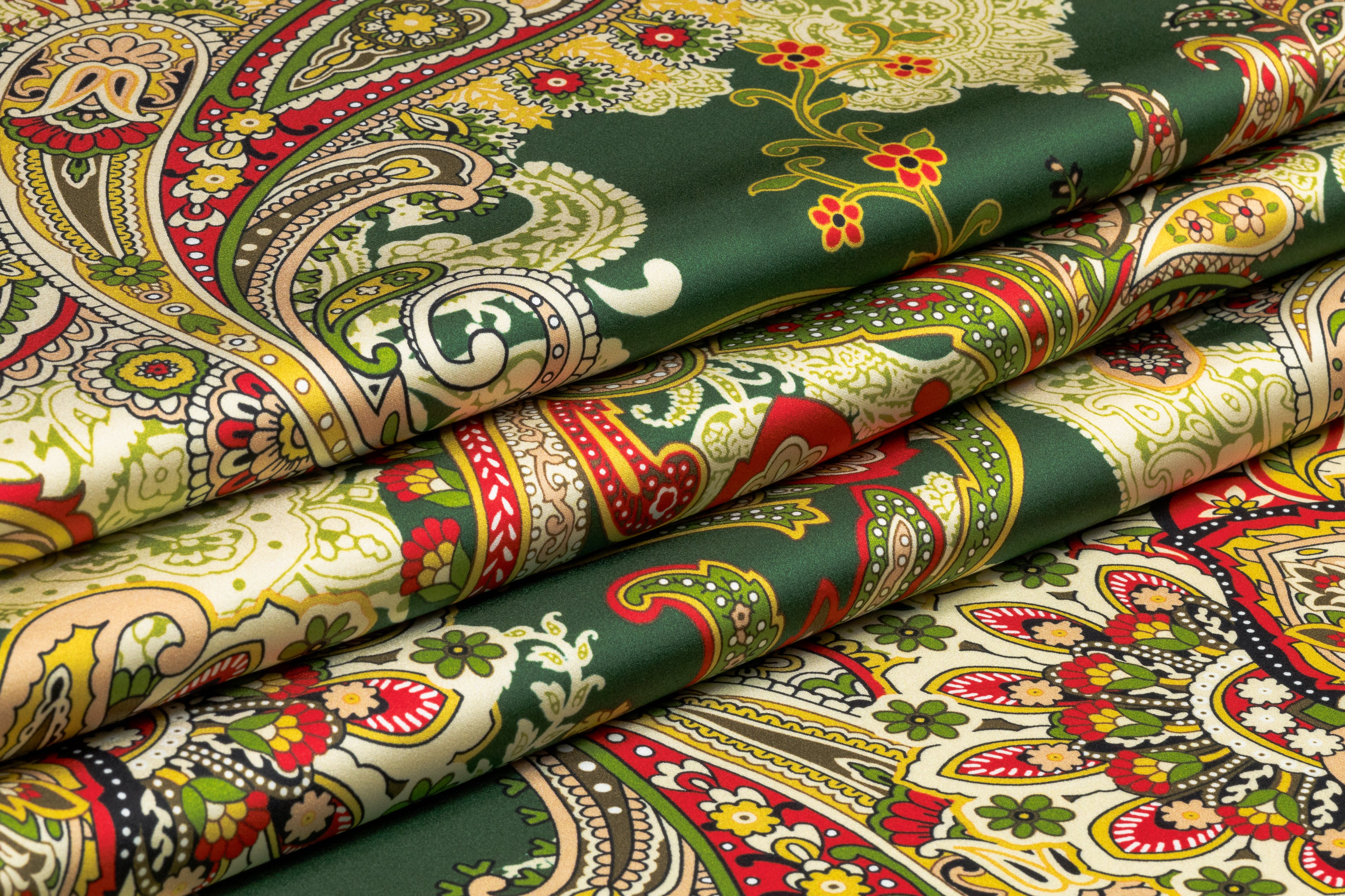 Paisley Italian Silk Satin - Green / Gold / Red