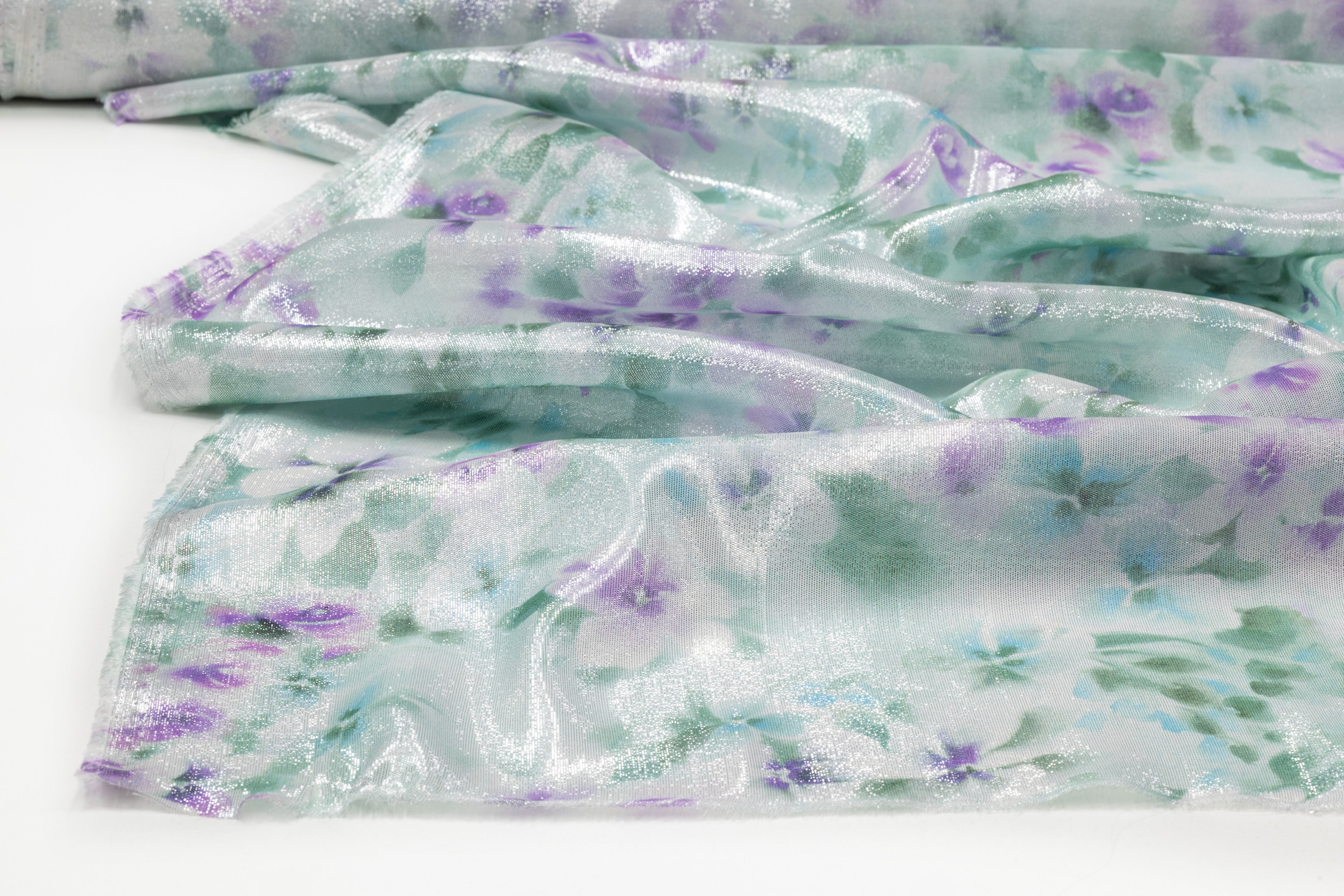Floral Metallic Silk Chiffon Lamé - Green / Violet