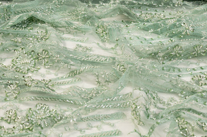 Floral Beaded and Embroidered Tulle - Mint Green