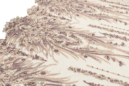 Beaded and Embroidered Tulle - Light Beige / Lilac