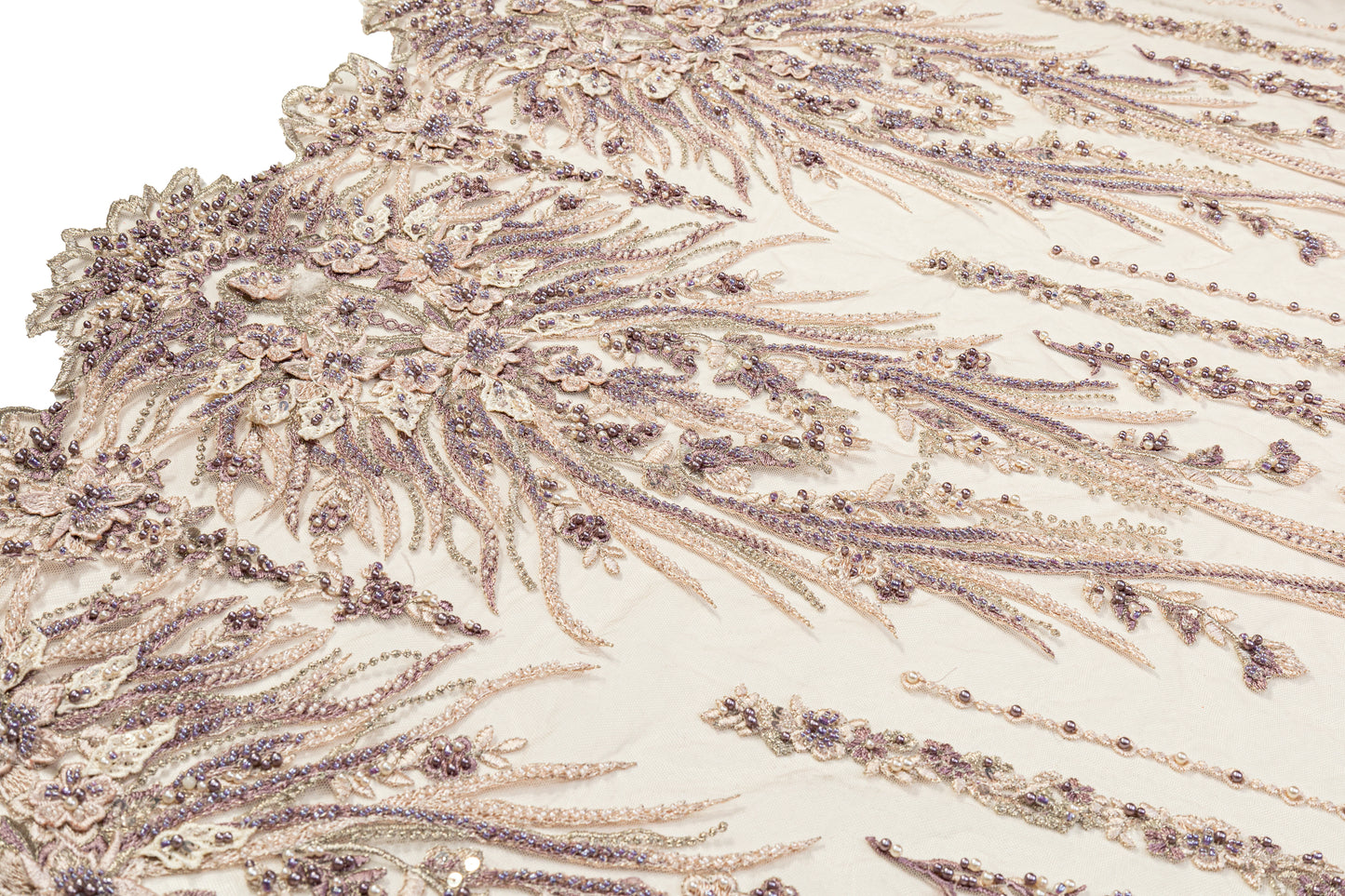 Beaded and Embroidered Tulle - Light Beige / Lilac