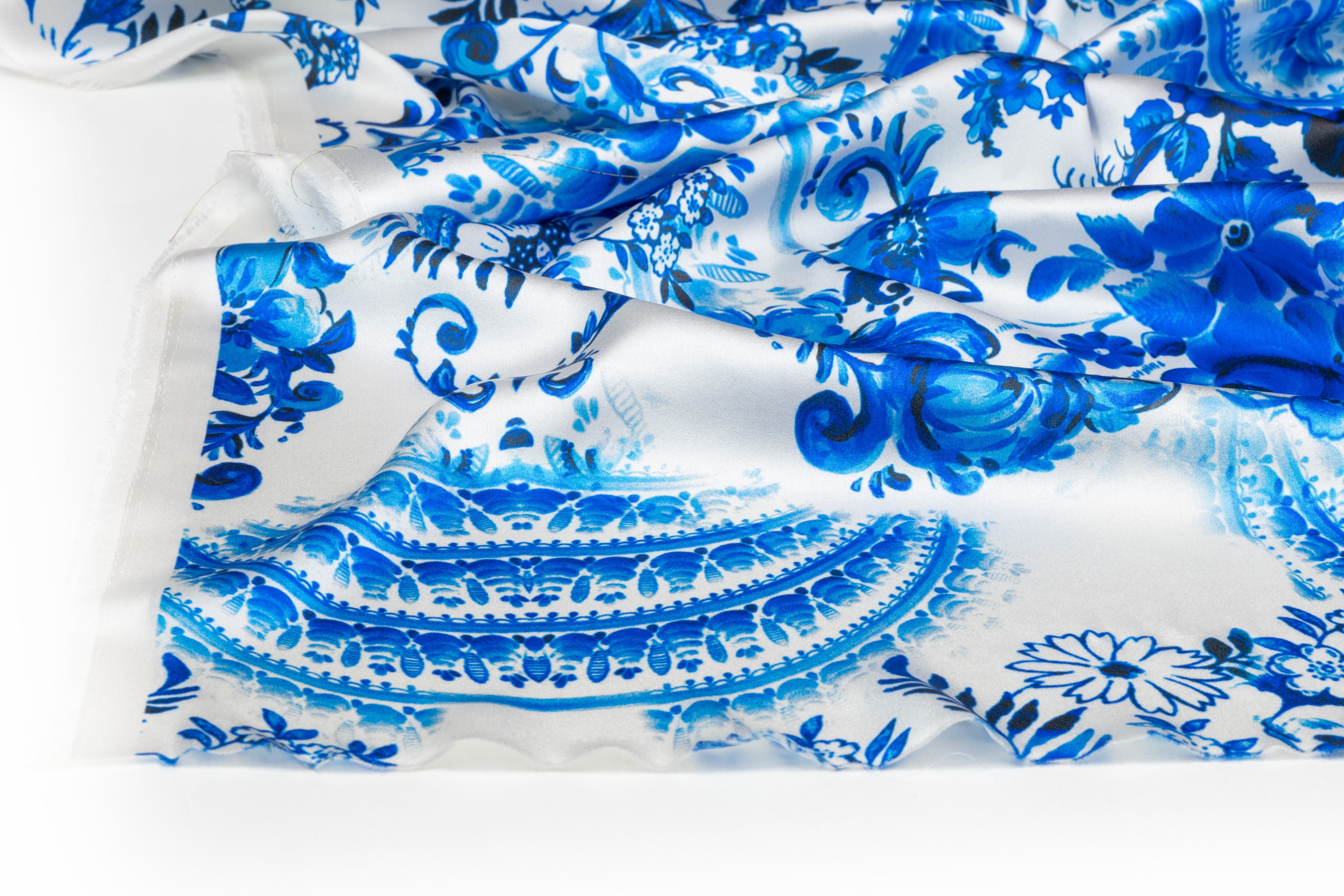 Floral Italian Silk Charmeuse - Blue / White