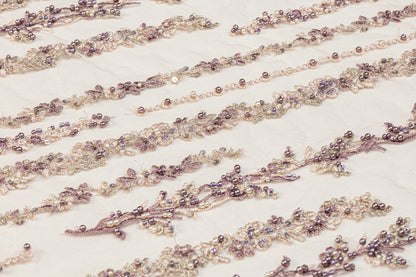 Beaded and Embroidered Tulle - Light Beige / Lilac