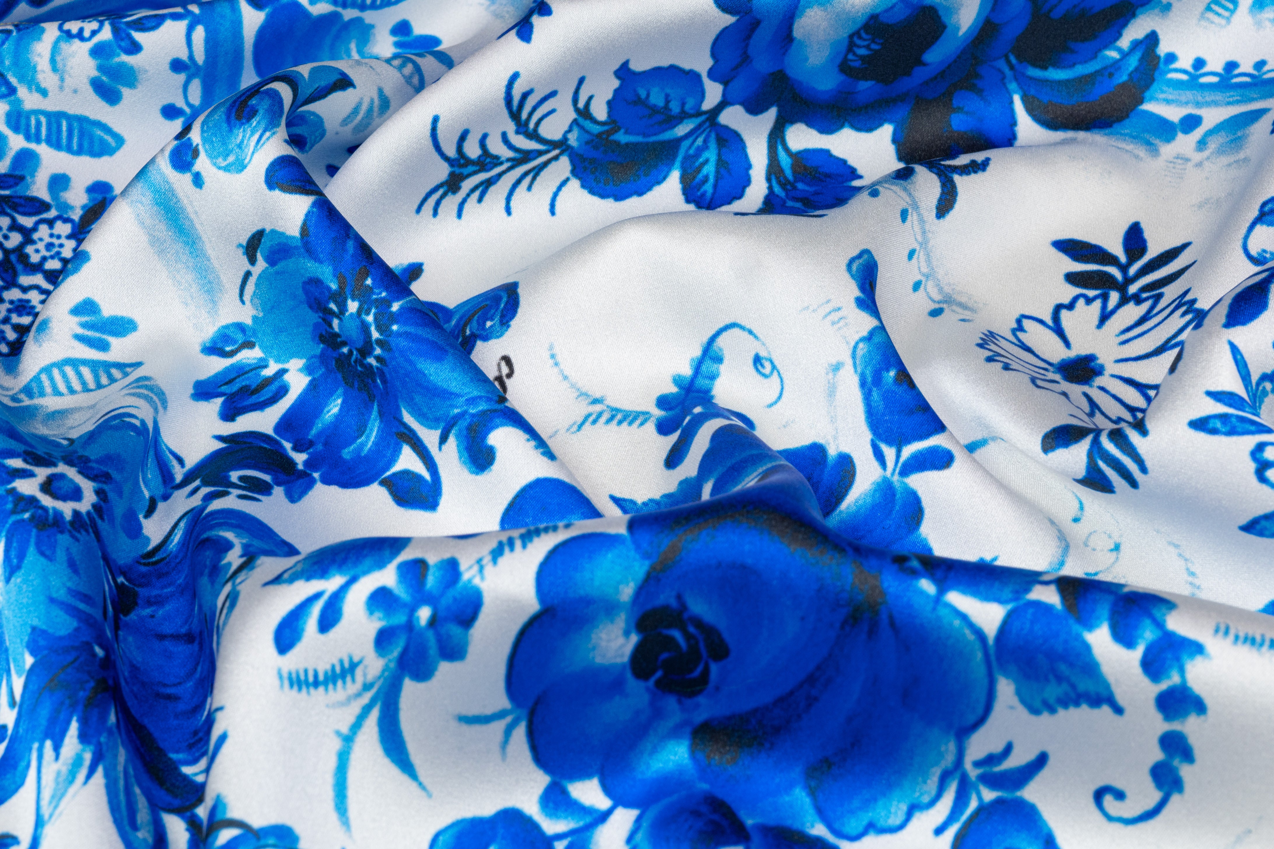 Floral Italian Silk Charmeuse - Blue / White