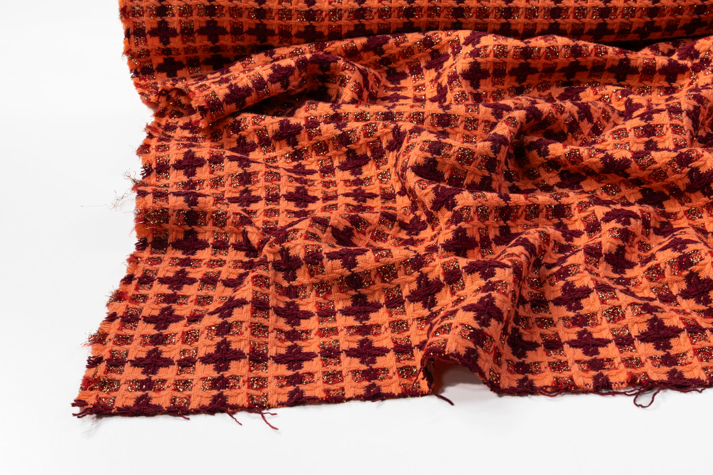Metallic Italian Wool Blend Tweed - Peach / Burgundy