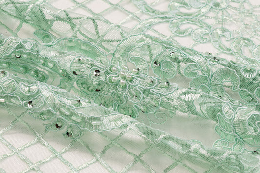 Beaded and Embroidered Tulle - Mint Green