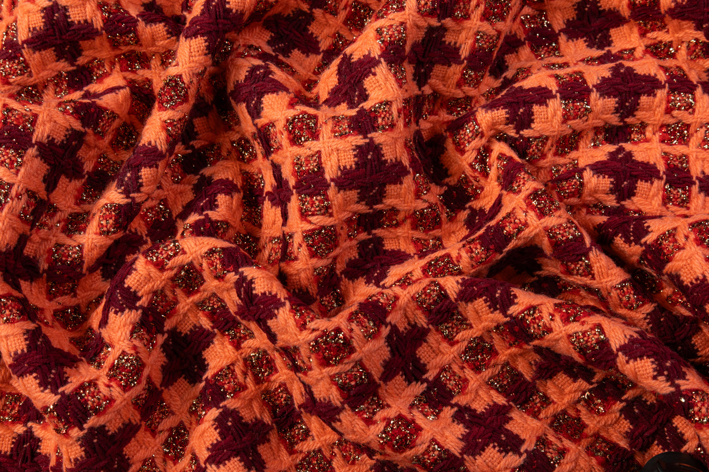 Metallic Italian Wool Blend Tweed - Peach / Burgundy