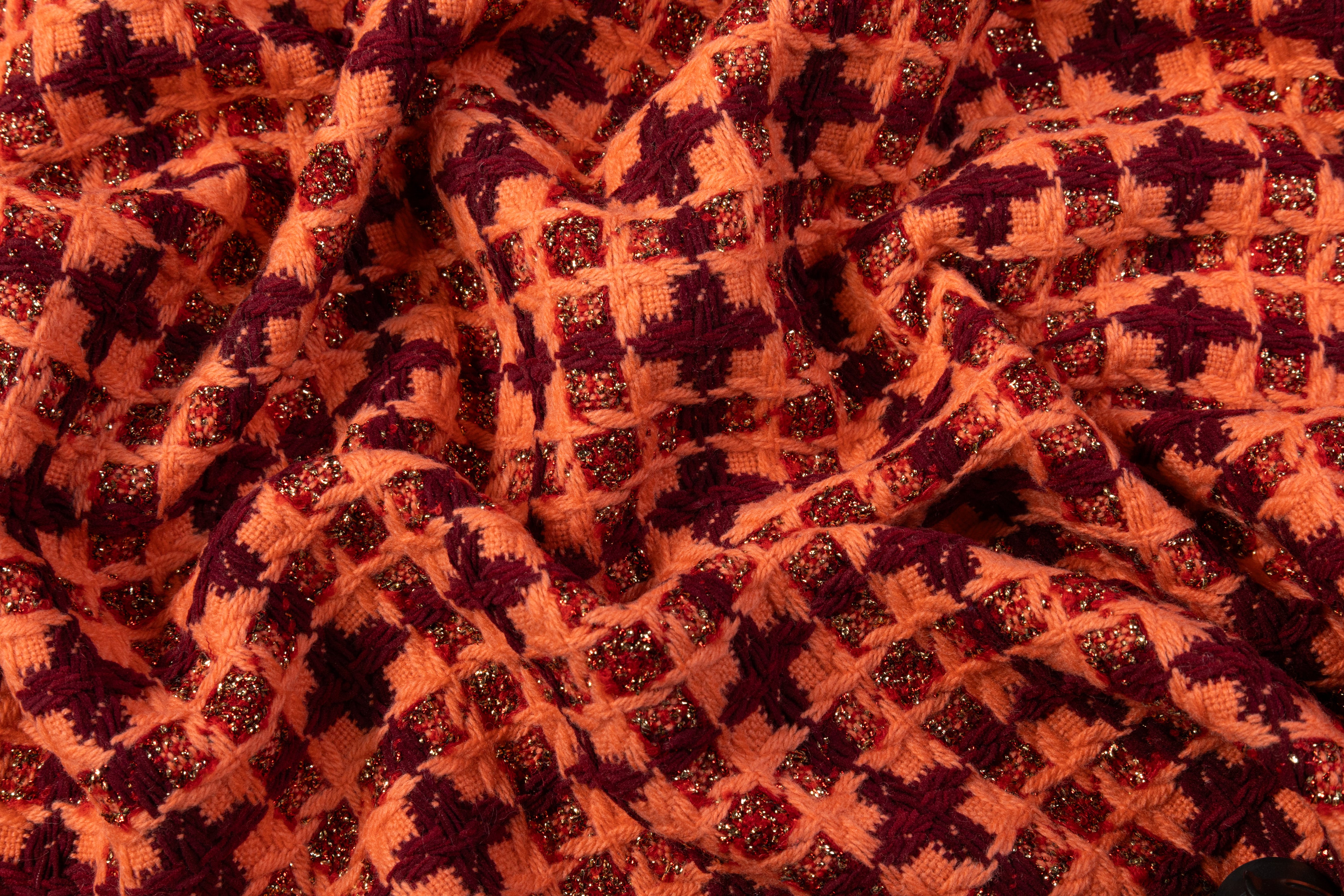 Metallic Italian Wool Blend Tweed - Peach / Burgundy