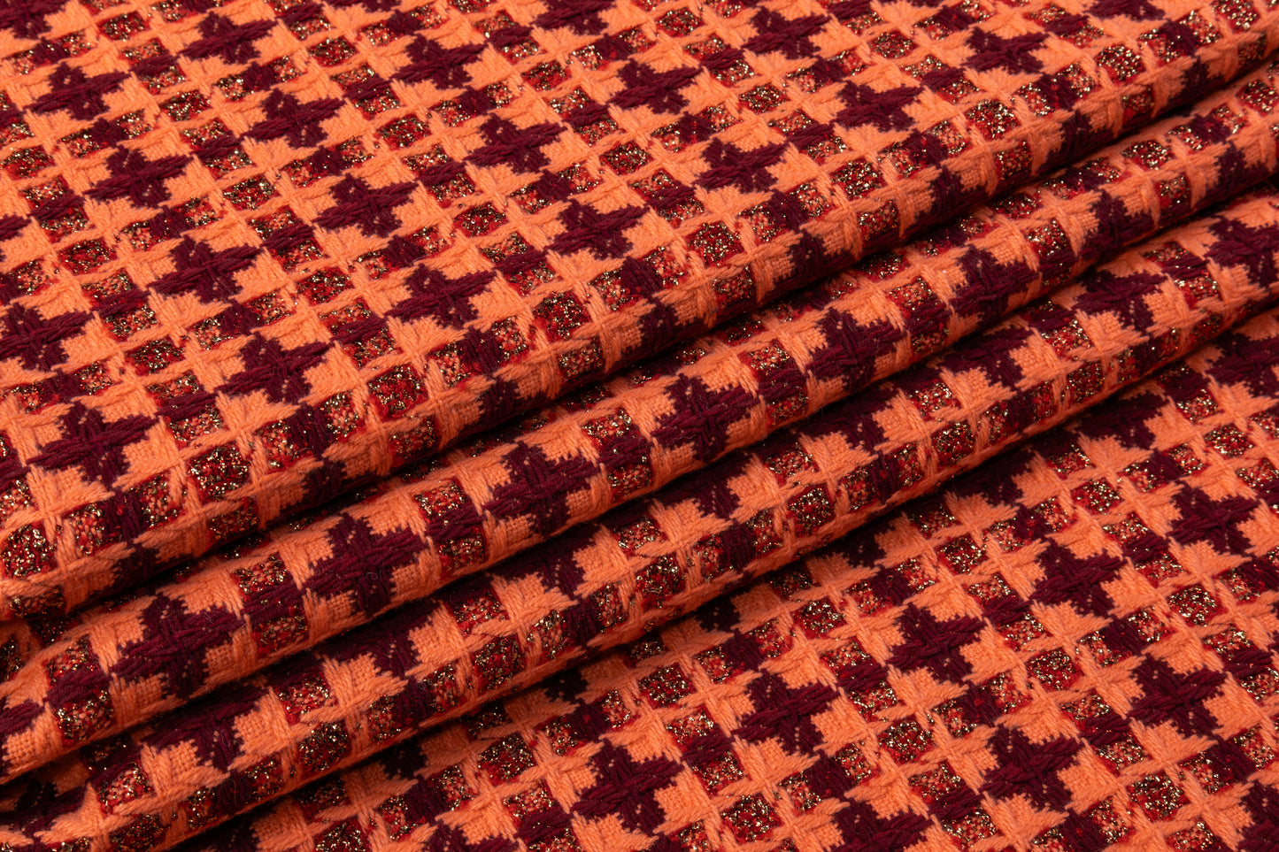 Metallic Italian Wool Blend Tweed - Peach / Burgundy