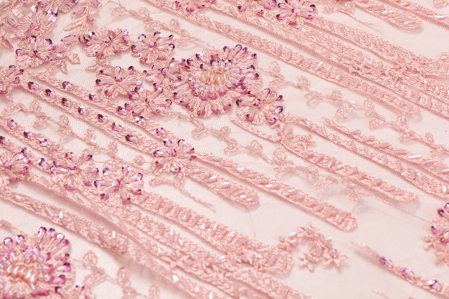 Floral Beaded and Embroidered Tulle - Pink