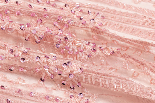 Floral Beaded and Embroidered Tulle - Pink