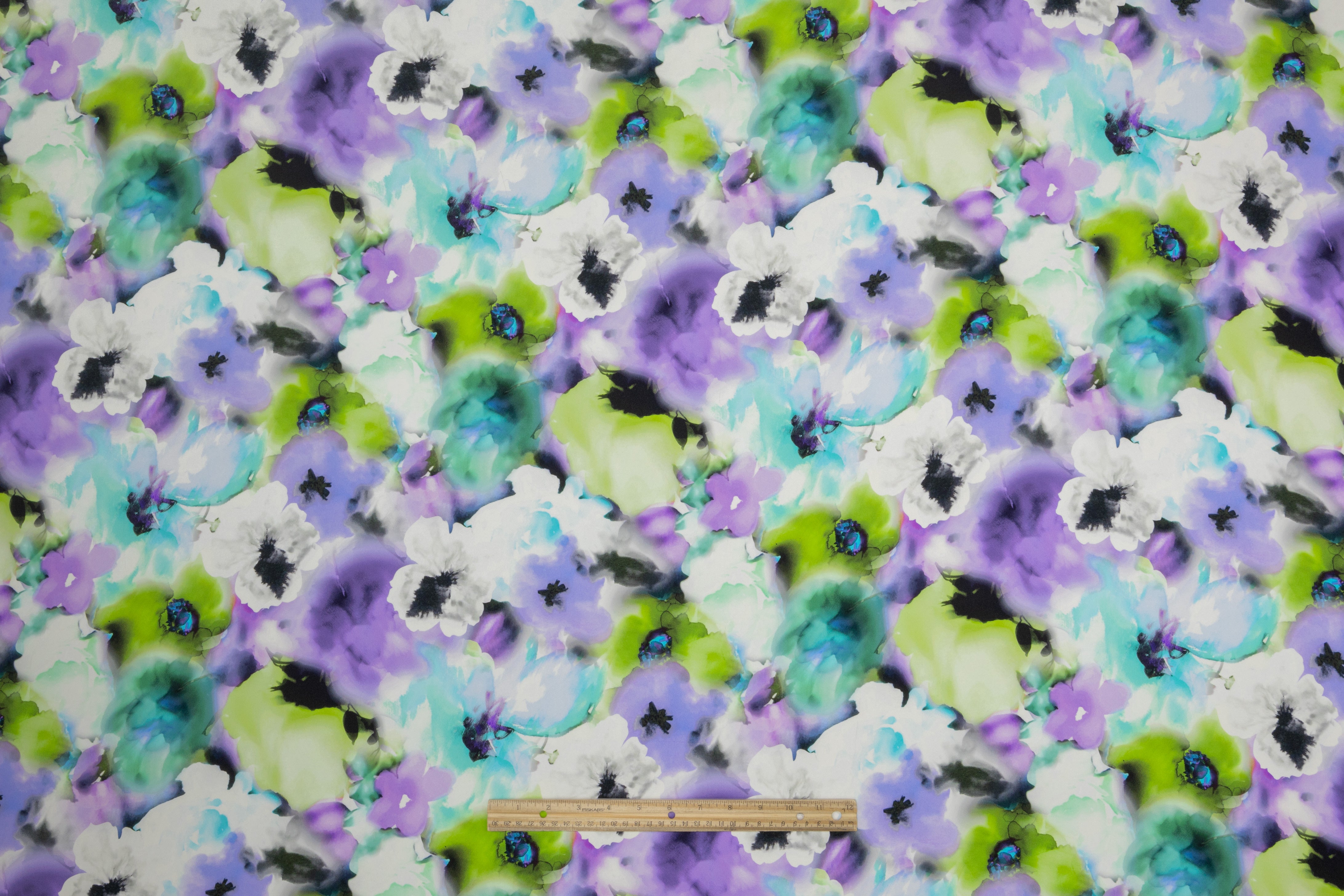 Floral Italian Silk Crepe de Chine - Green / Purple