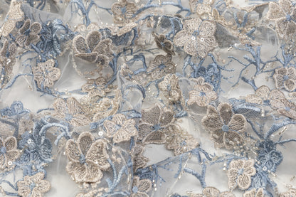 Embroidered and Beaded Tulle - Soft Blue / Platinum Gray