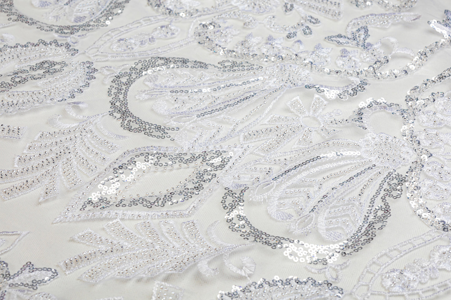 Damask Beaded and Embroidered Tulle - White