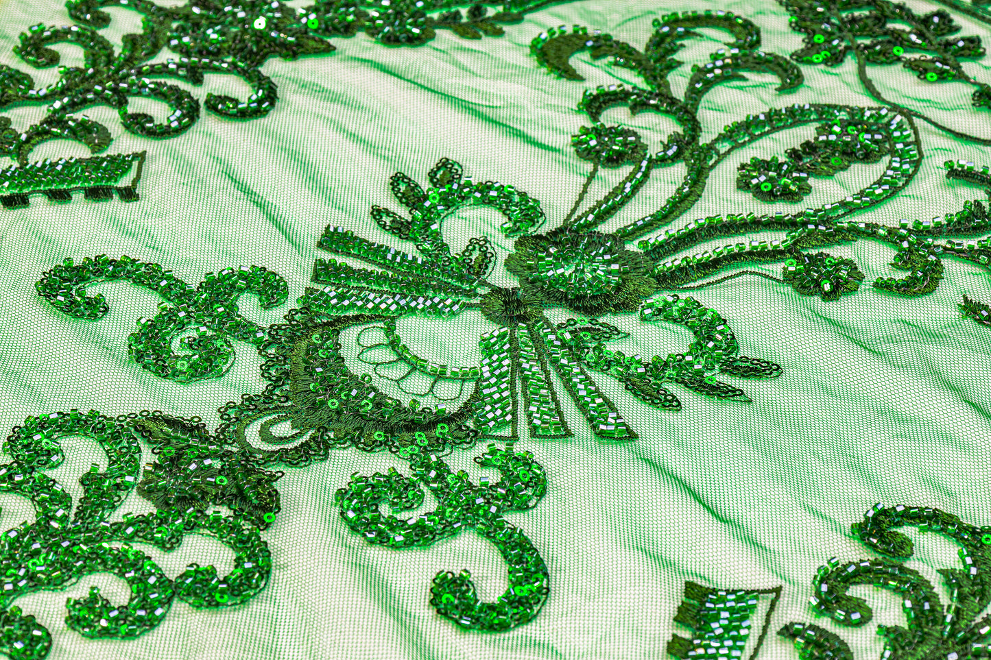 Damask Beaded and Embroidered Tulle - Green