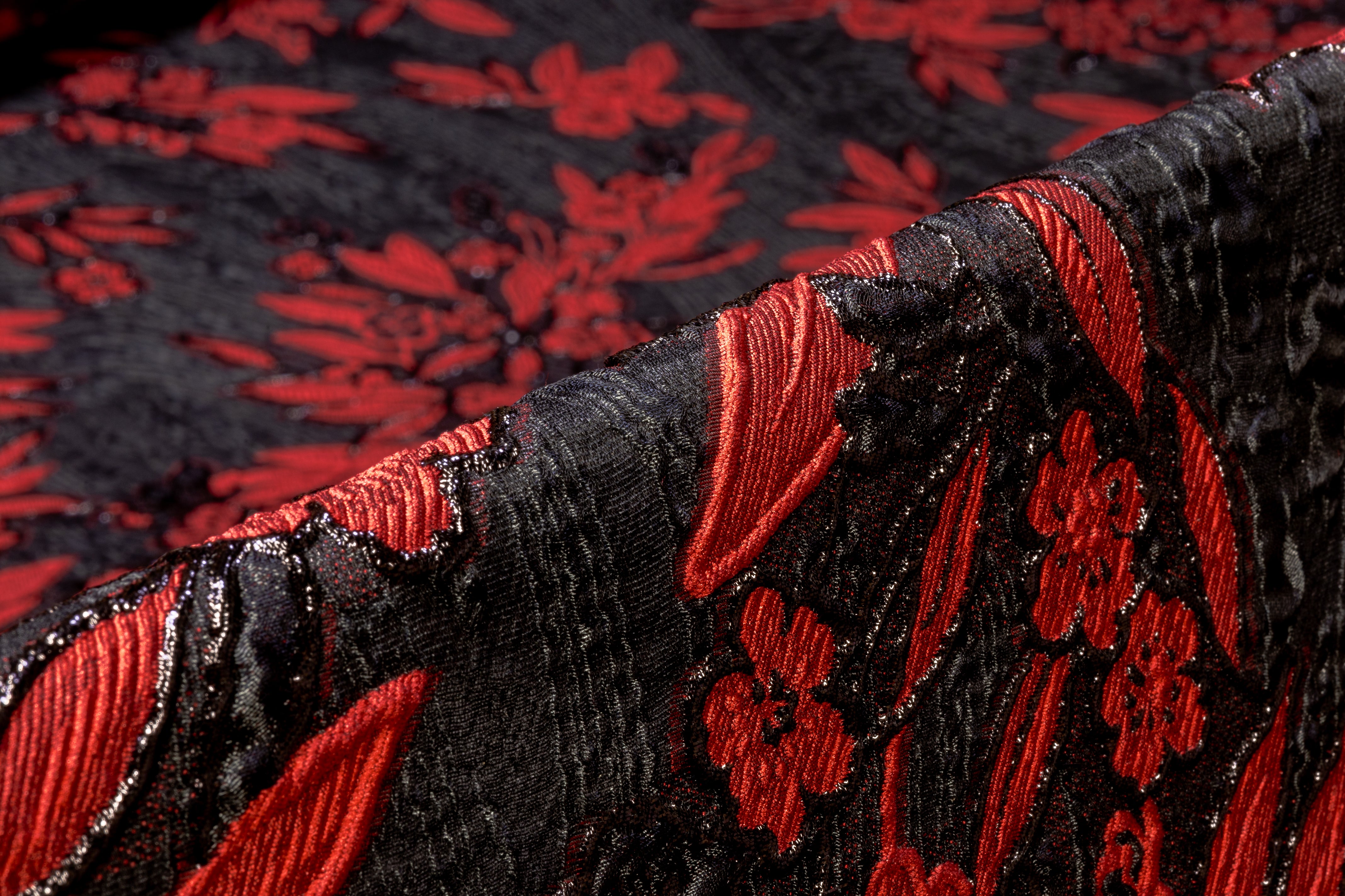 Floral Metallic Italian Silk Blend Organza Brocade - Black / Red