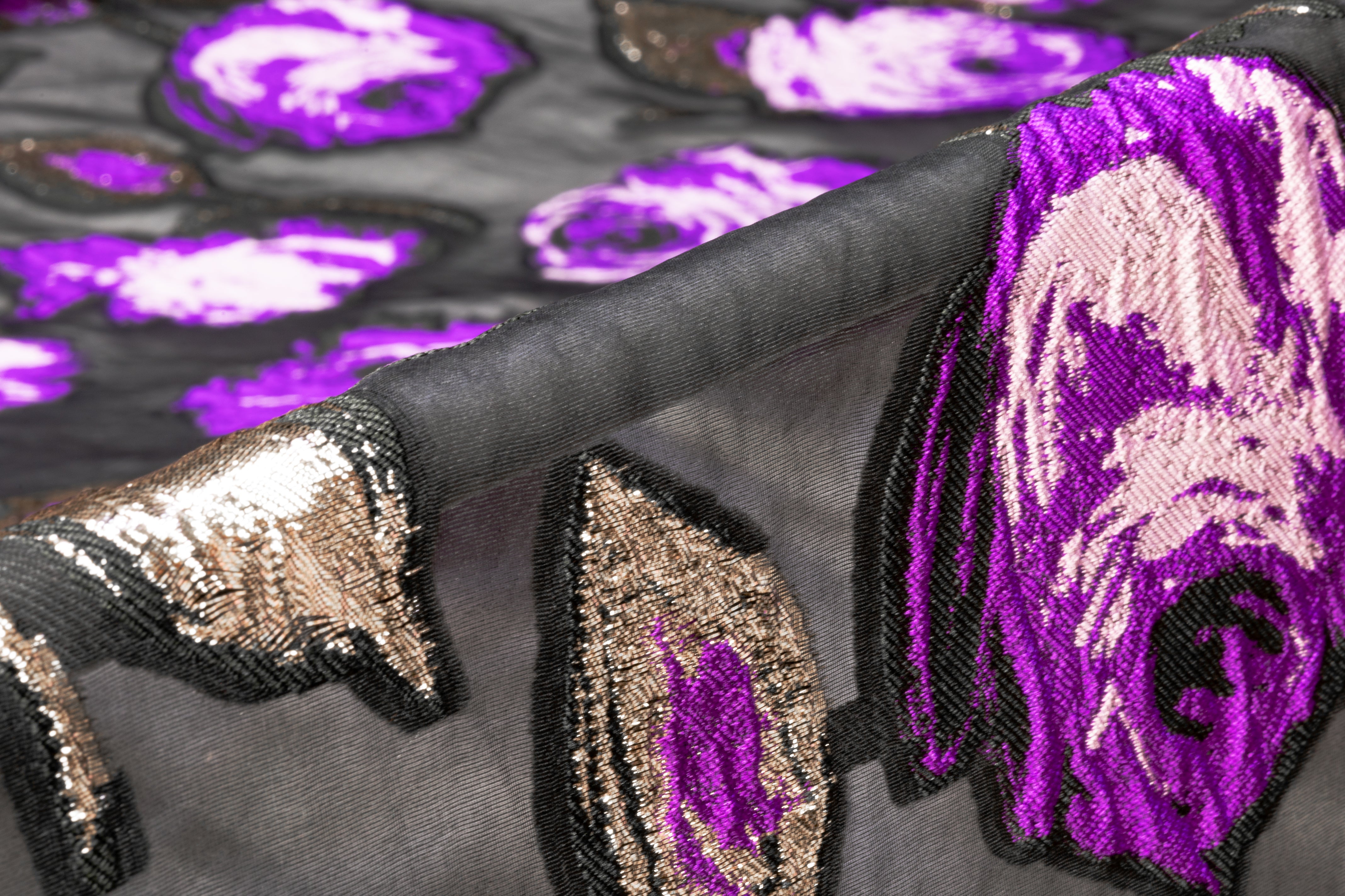 Floral Italian Silk Blend Fil Coupé - Black / Purple / Platinum