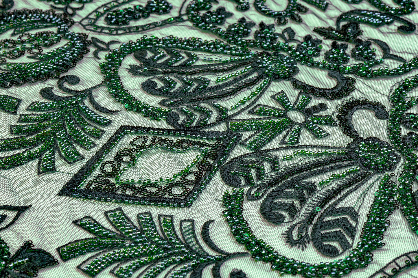 Damask Beaded and Embroidered Tulle - Emerald Green