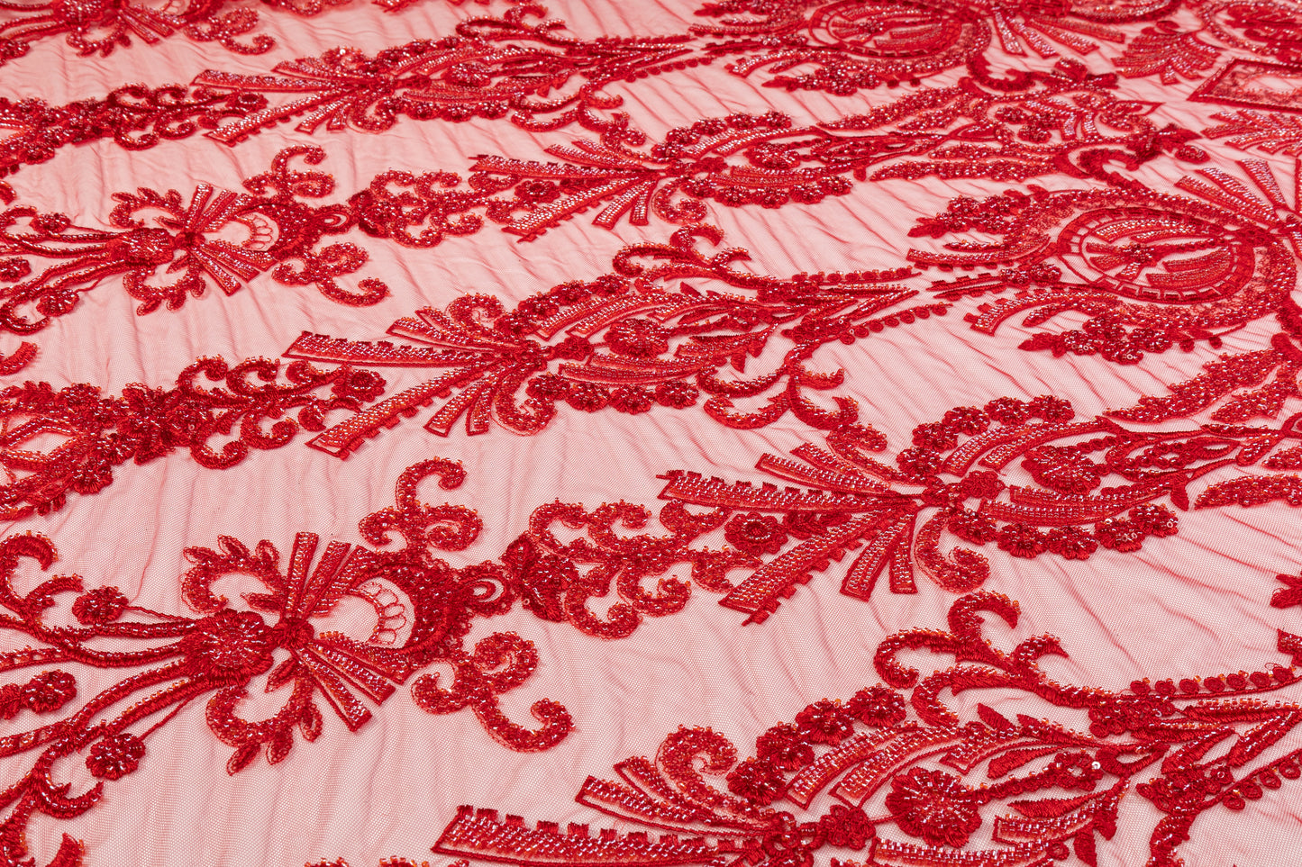 Damask Beaded and Embroidered Tulle - Red
