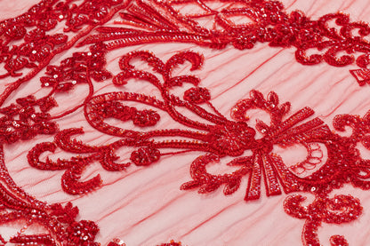 Damask Beaded and Embroidered Tulle - Red
