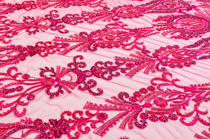 Damask Beaded and Embroidered Tulle - Fuchsia