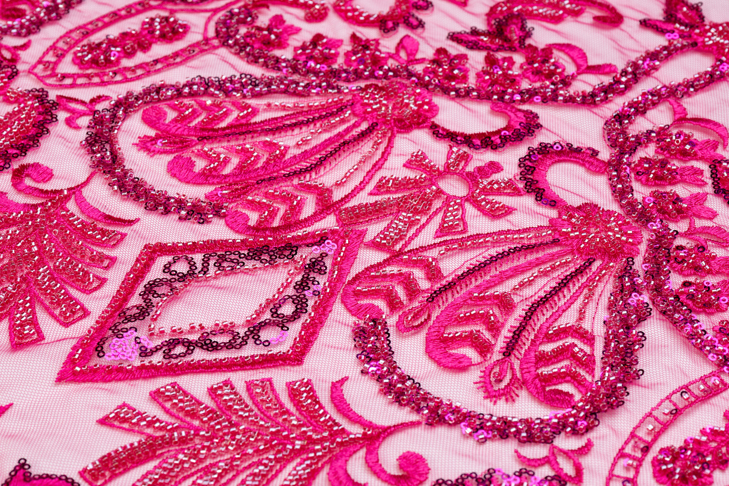 Damask Beaded and Embroidered Tulle - Fuchsia