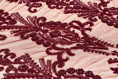 Damask Beaded and Embroidered Tulle - Burgundy